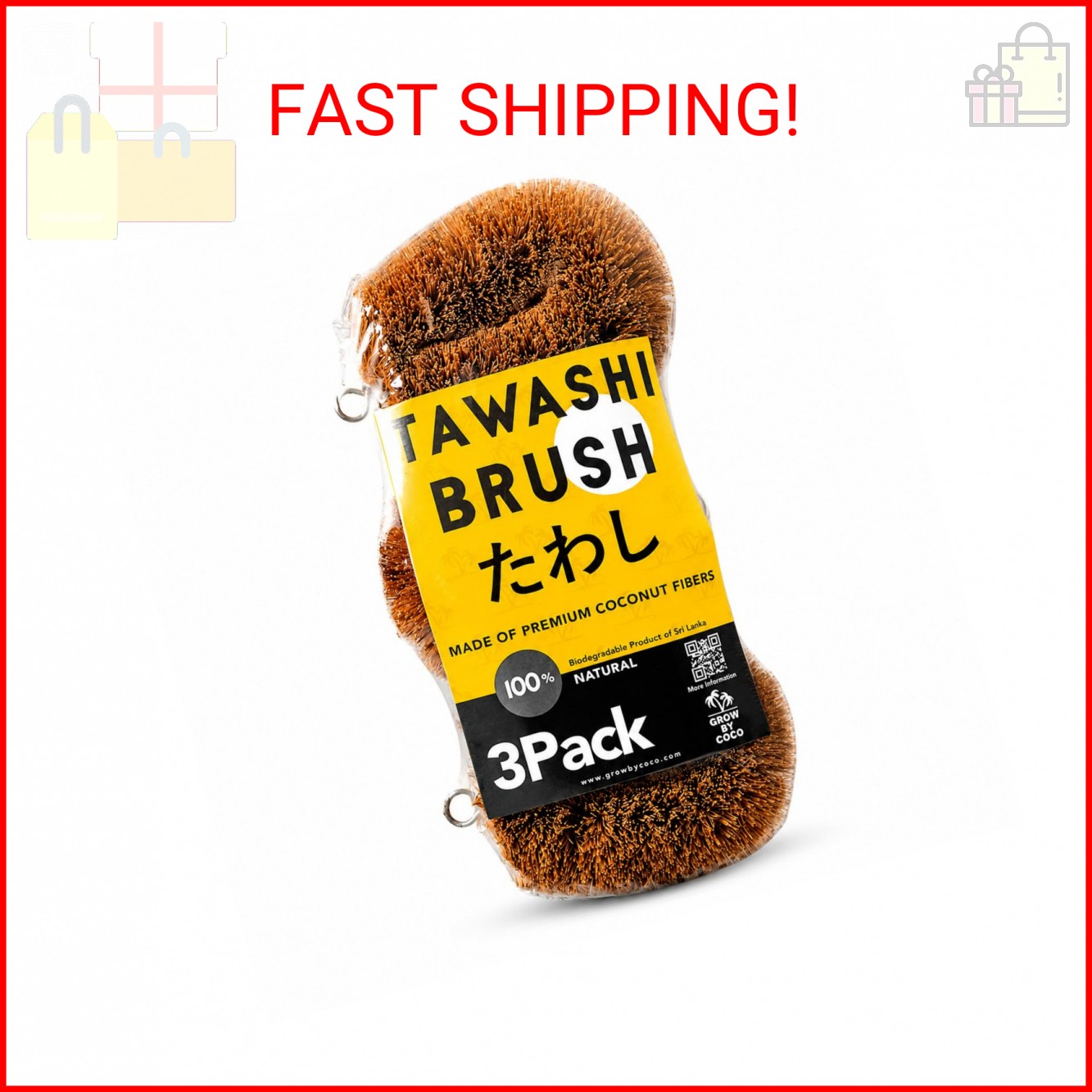 GrowByCoco Pack of 3 Tawashi Vegetable Scrub Brush,100% Natural Coconut Coir Fib