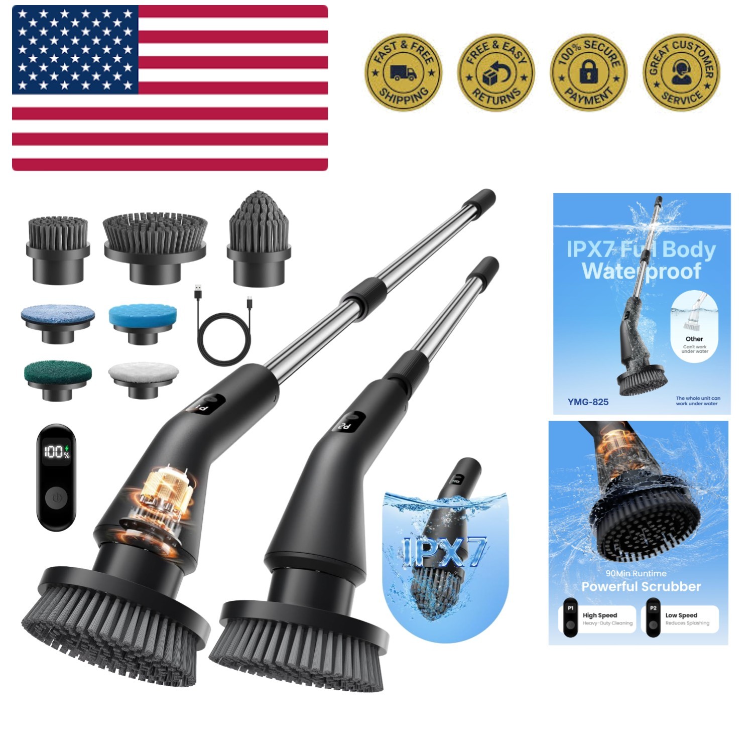Electric Spin Scrubber, Cordless Cleaning Brush for Bathroom Shower Tub, Wate…