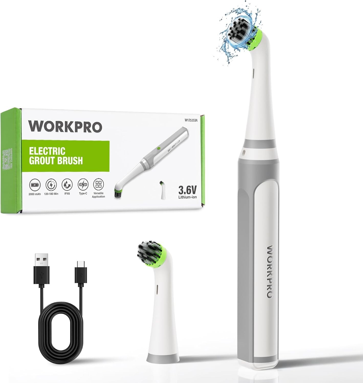 WORKPRO 5500RPM Cordless Electric Grout Brush Scrubbers w/Type-C IPX6 Waterproof