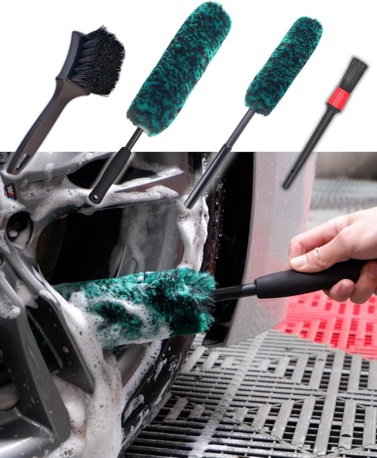 Professional 4 Pack Long Handle Wheel Brush Kit for Cleaning Wheel and Tire- 2X