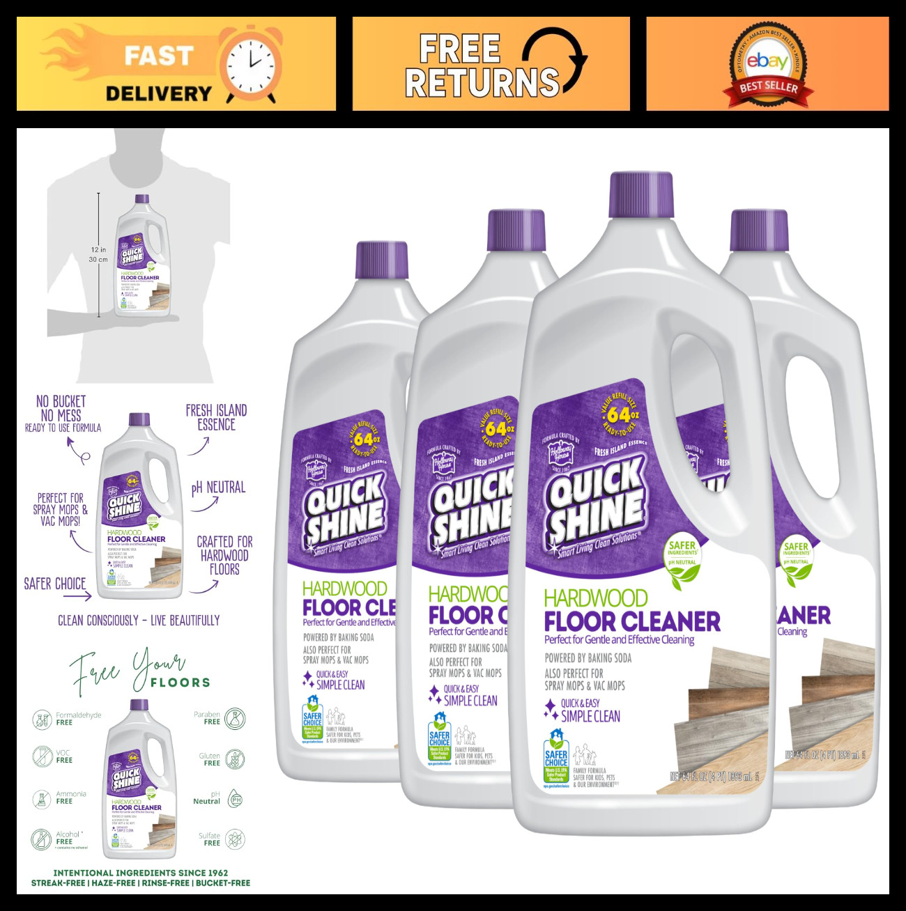 Hardwood Floor Cleaner 64oz 4Pk | Streak-Free, No Rinse | Removes Dirt & Scuffs