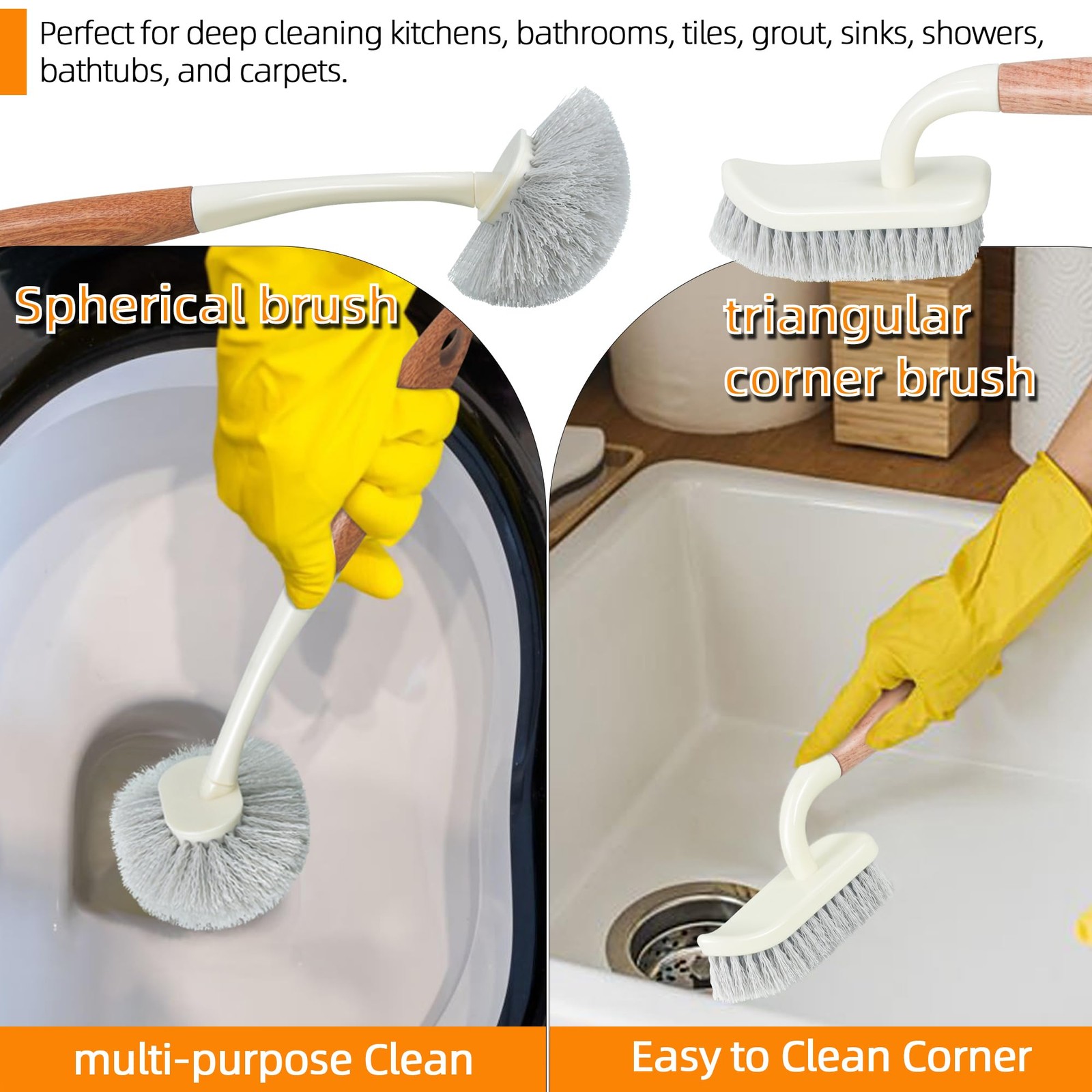 5-Pack Heavy Duty Scrub Brushes Set with Wooden Handles, Multi-Surface Scrubb…