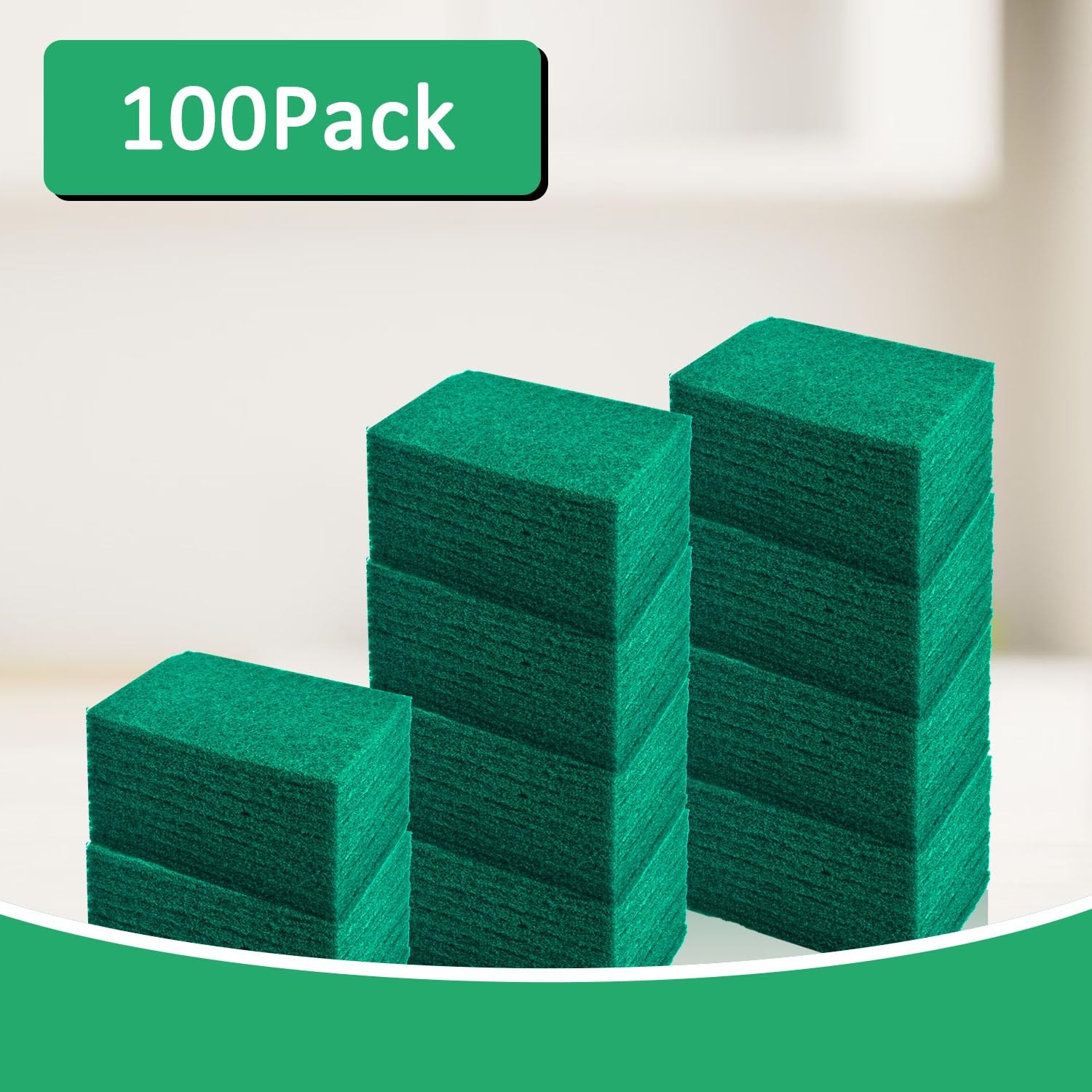 100 PCS Scouring Pad Reusable Household Green Scrubbing Pads for Cleaning, Mu…