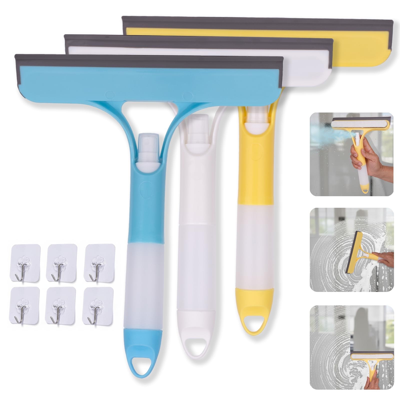 3 Pcs Squeegee for Shower Glass, 3 in 1 Window Scrubber, Spray, Sponge Wipe, …