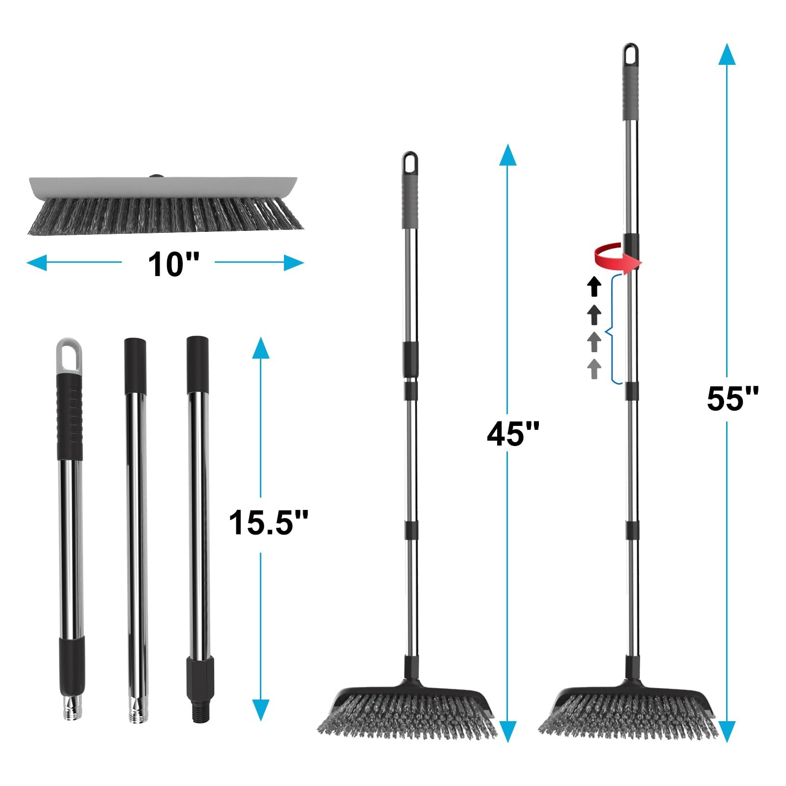 Heavy Duty Floor Scrub Brush with Long Handle, Adjustable Stainless Steel Han…