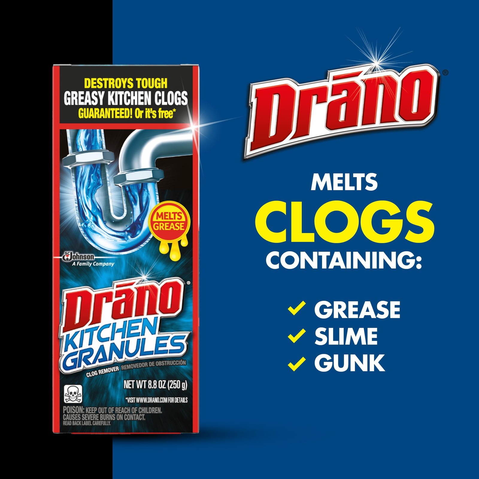 Drano Kitchen Granules Clog Remover, Destroy Tough Clogs, 8.8 oz