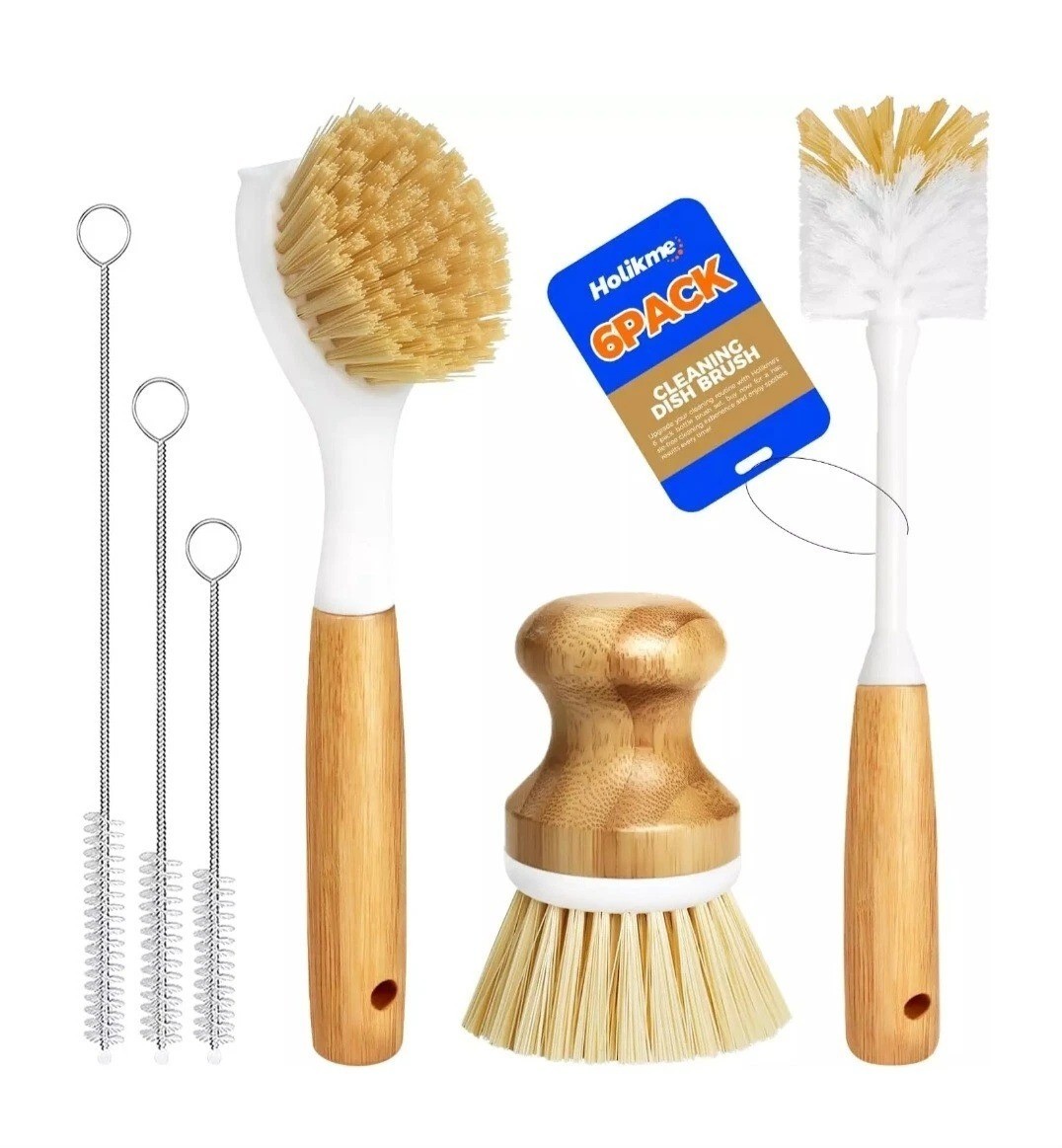 6 Pack Dish Brush Scouring Pad Set with Bottle Brush, Dish Brush, Palm Scrub Bru