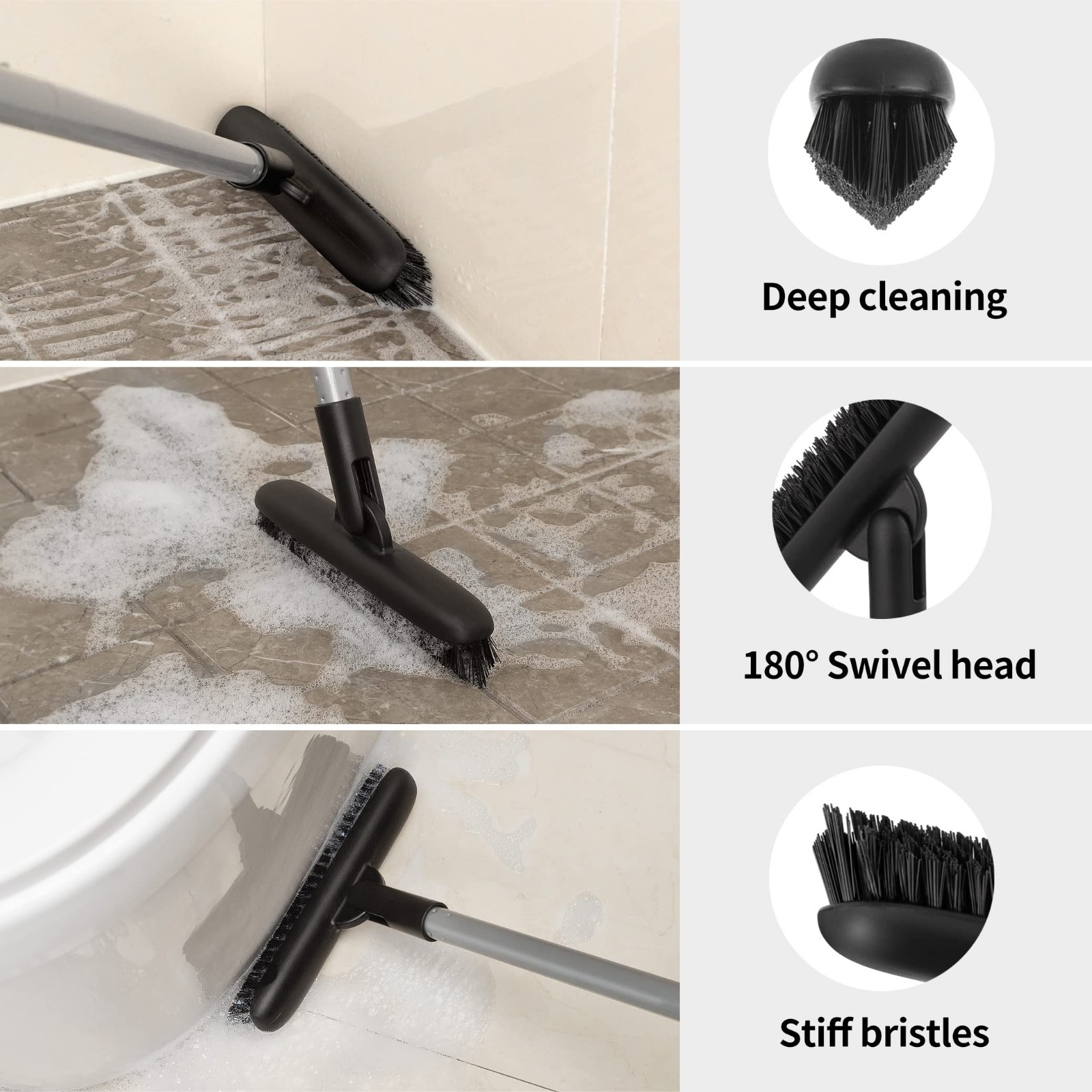 Heavy Duty Grout Scrub Brush with Long Handle – Tile & Shower Floor Cleaner, Sti