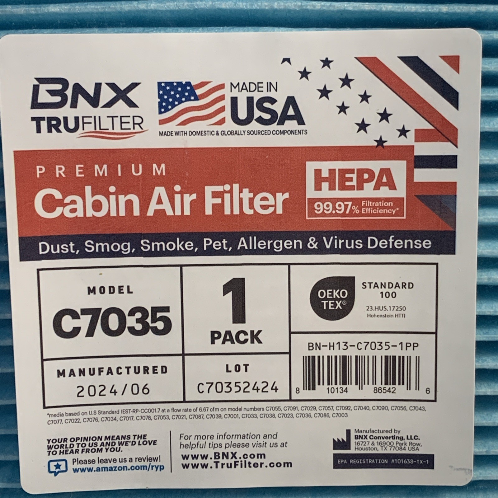 NEW BNX TRUFILTER C7035 Premium HEPA Cabin Air Filter Made in USA