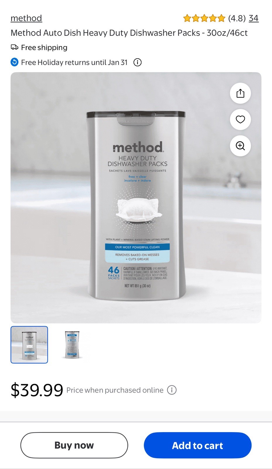 Method Heavy Duty Dishwasher Packs, Plant & Mineral-Based, Free & Clear 46ct New
