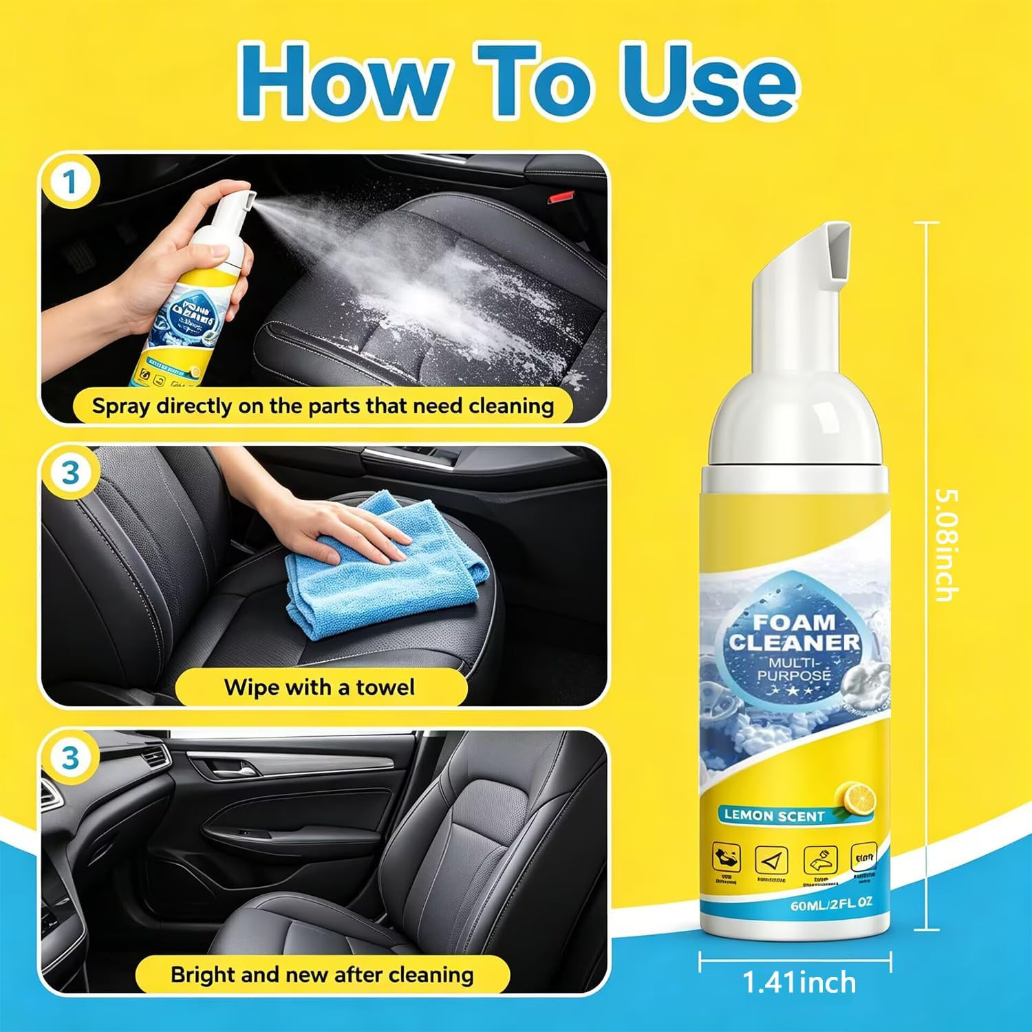 4-In-1 Multi-Enzyme Foam Cleaner, Multipurpose Car Interior Foam Cleaners for Ca