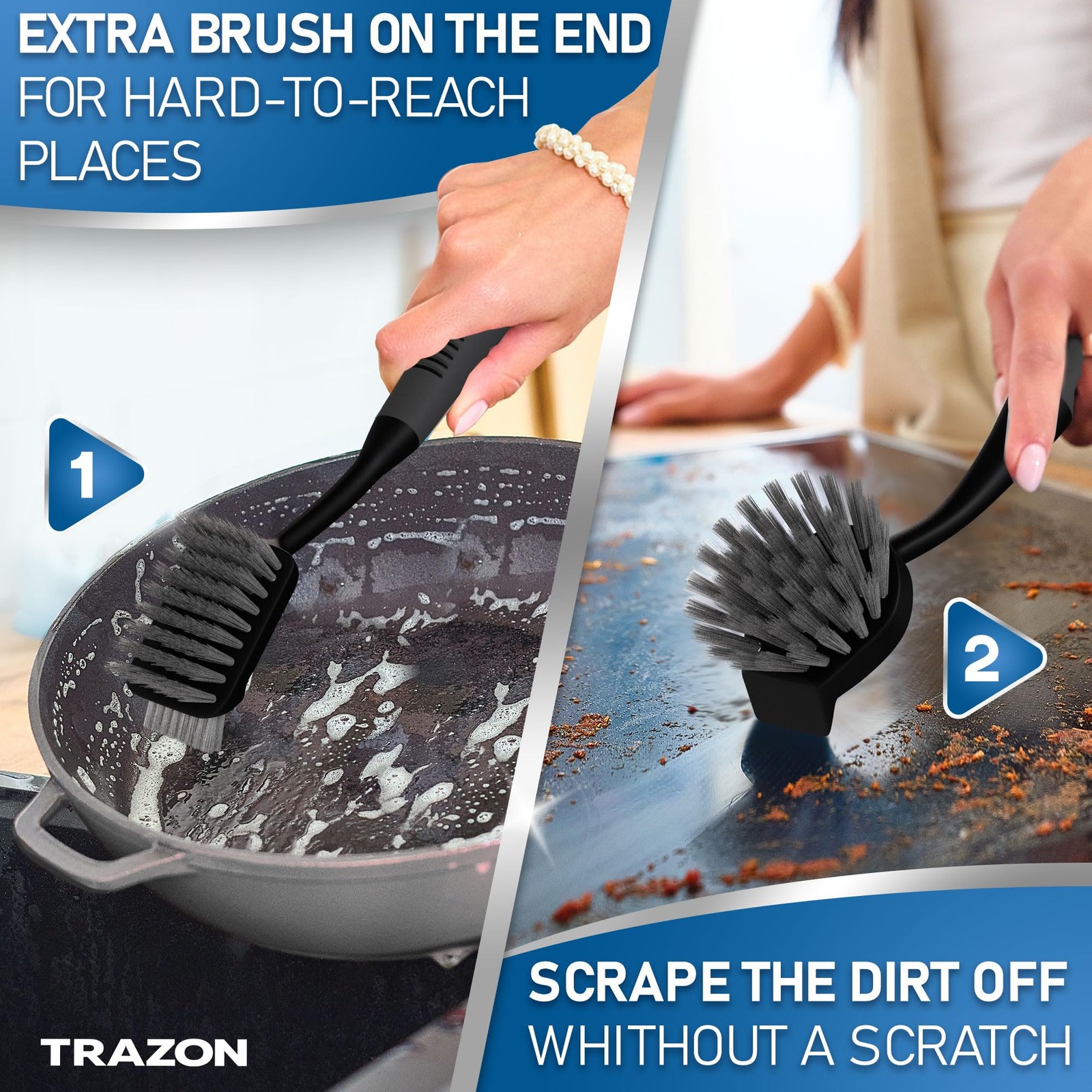 Dish Brush Set of 5 with Holder – Kitchen Scrub Brushes with Non-Slip Long Ha…