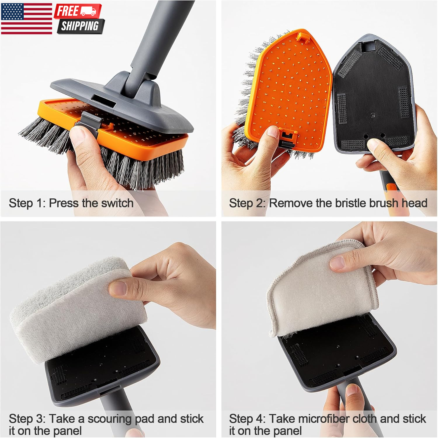 Tile Tub Scrubber Brush with 3 Different Function Cleaning Heads and 56″ Extenda