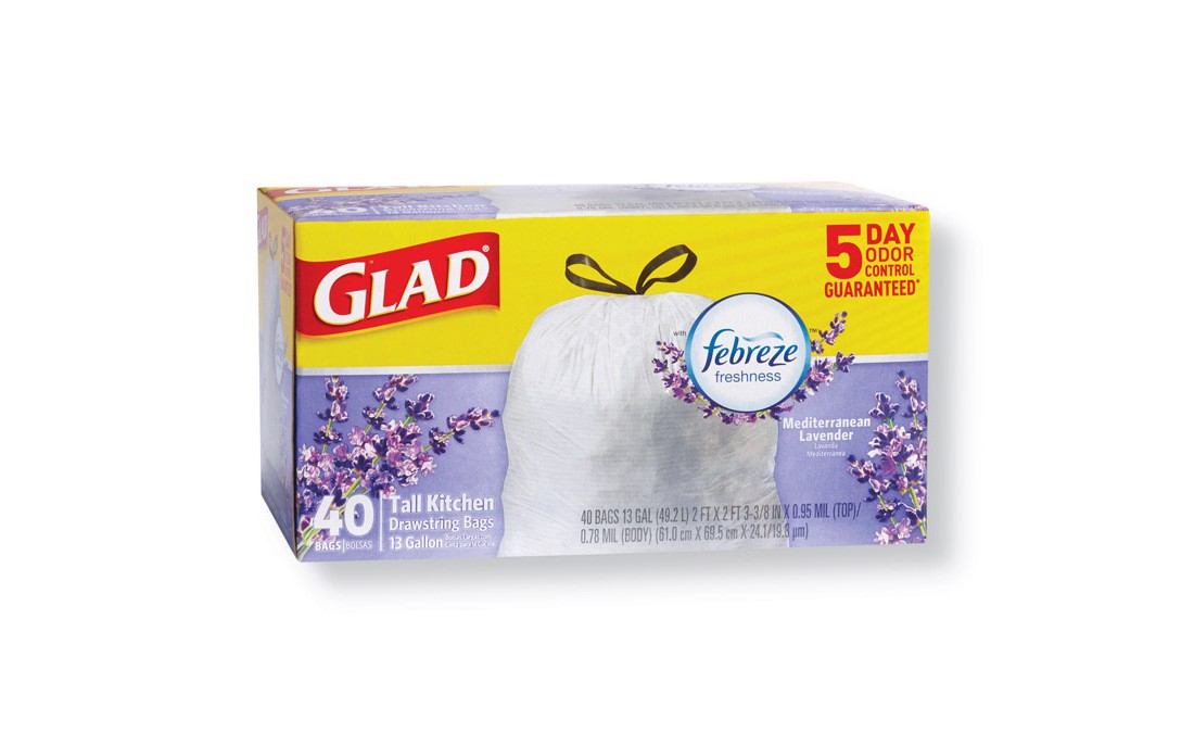 Tall Kitchen Bags 13 gal Lavender Scent Drawstring 40 pk 0.78 mil White