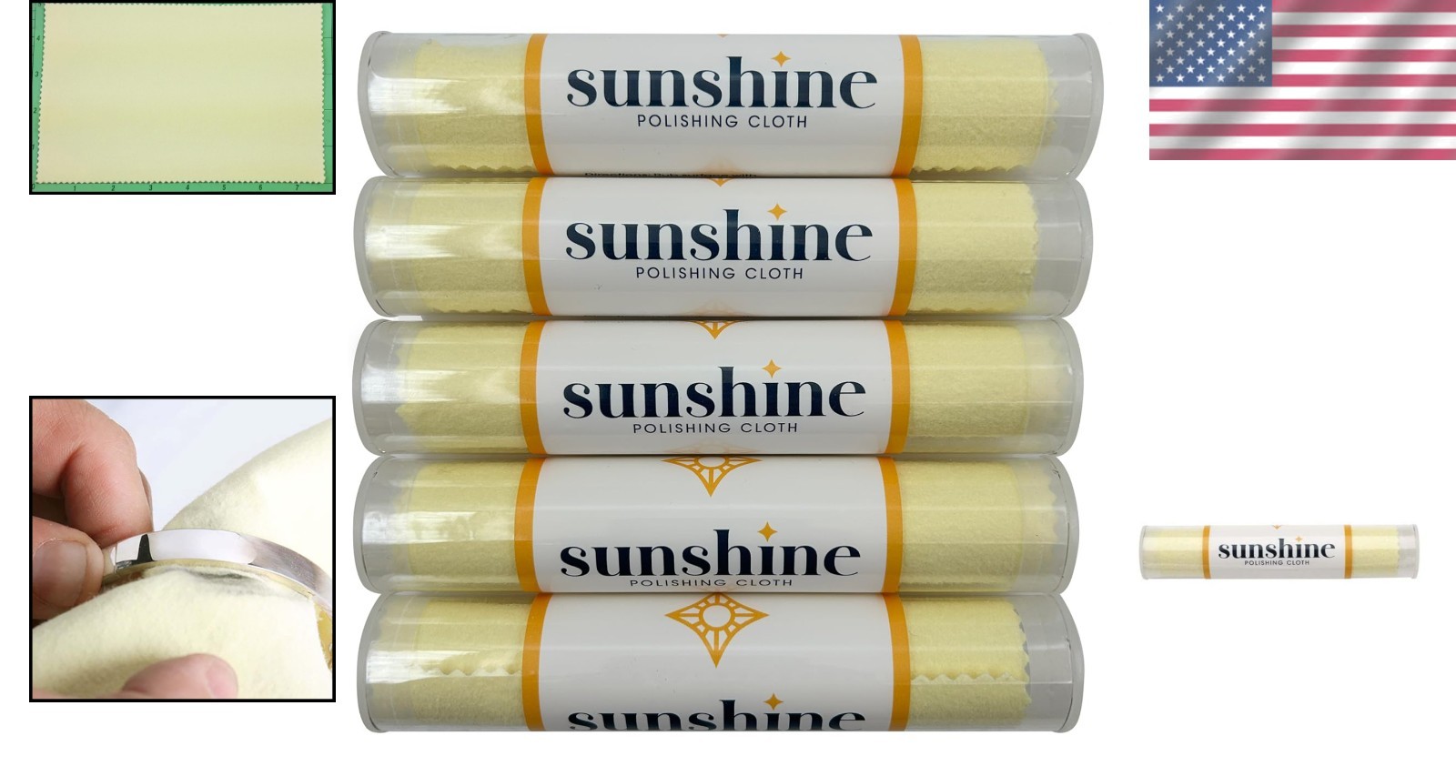 Sunshine 5 Polishing Cloths Jewelry Cleaner Tube Silver Brass Gold Copper,