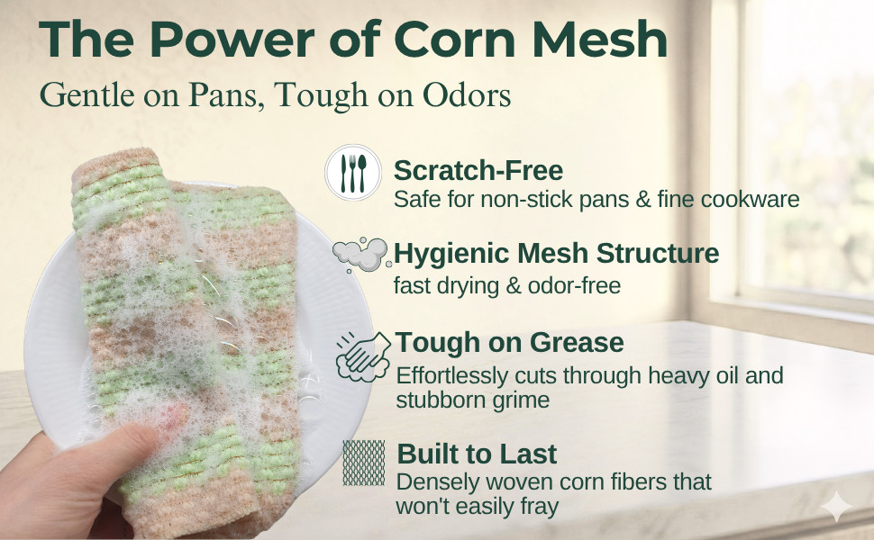 Plant-Based Dish Scrubber [10 Pack] – Non-Scratch Corn Scourer, Odor-Kitchen