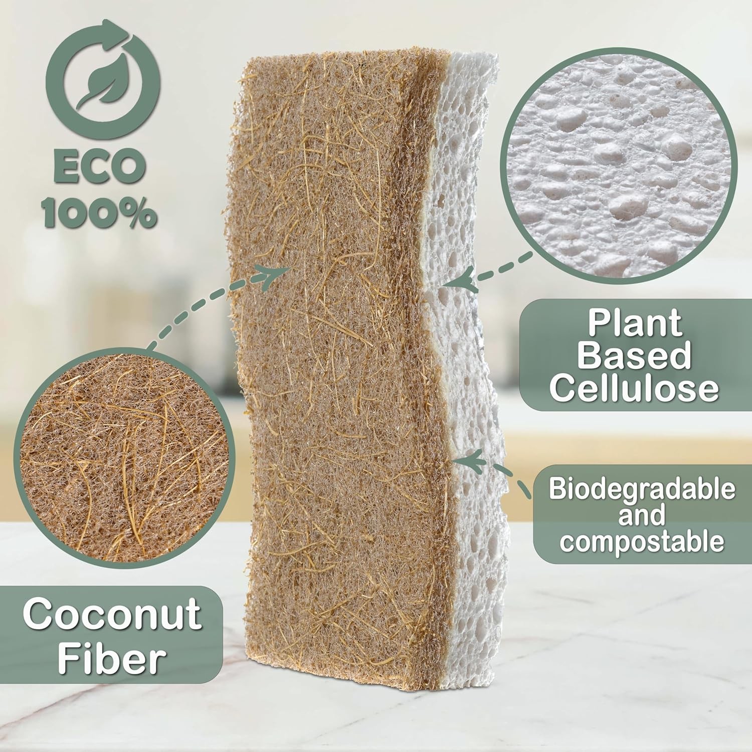 Natural Kitchen Sponge – Biodegradable Compostable Plant Based Coconut Scrubber