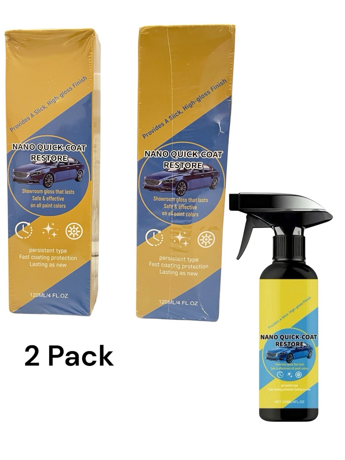 2 Pack NANO QUICK-COAT RESTORE 120ml, Car Polish & Protectant, High Gloss Finish