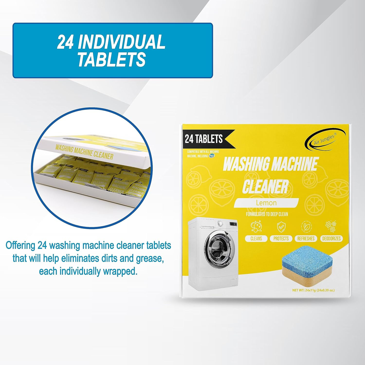 Washing Machine Cleaner Tablets 24 Count, Lemon Scent, Deep Cleaning, Dirt Remov