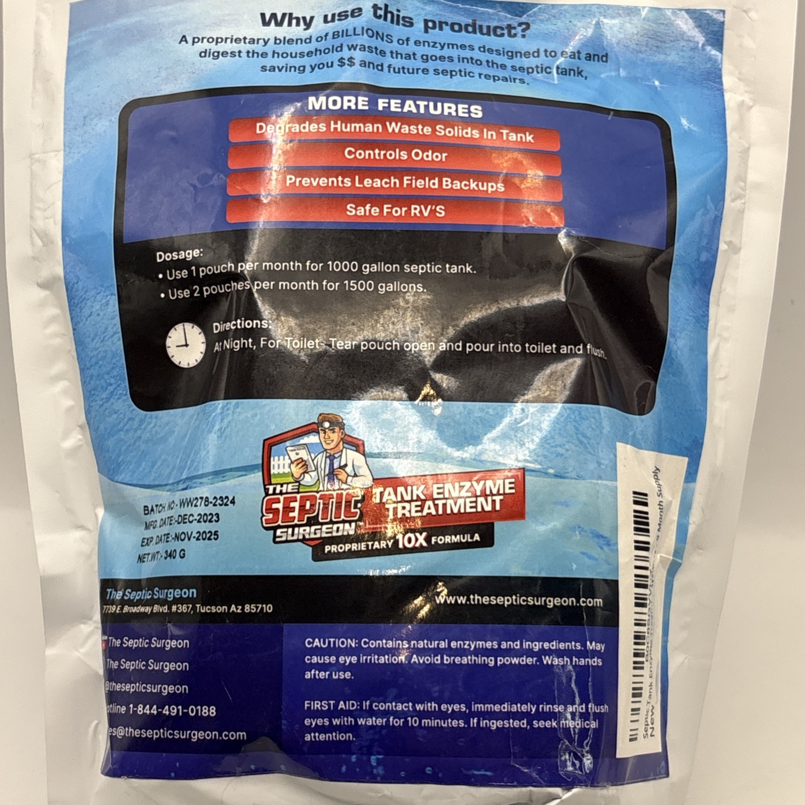 THE SEPTIC SURGEON TANK TREATMENT ENZYME CONTROLS ODOR SAFE FOR ANY PIPES * RVs
