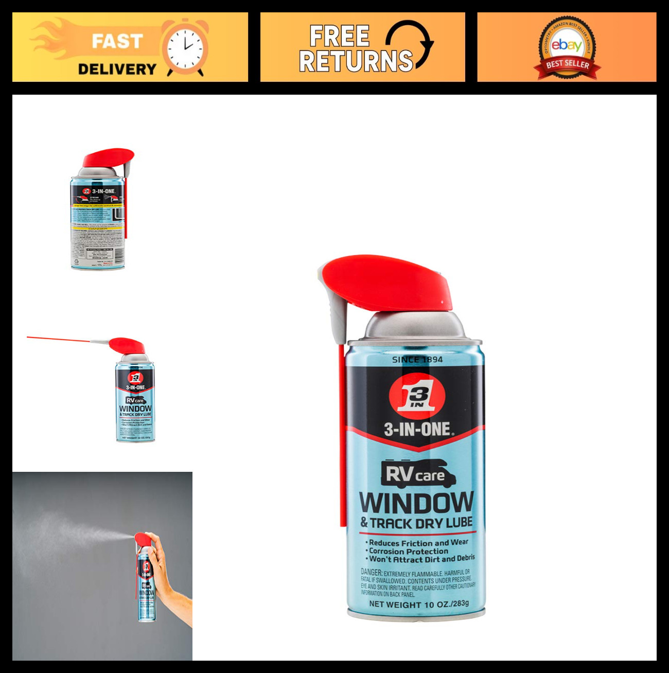 3-in-1 RV Window & Track Dry Lube, Dual Spray Nozzle, 10 oz – 6 Pack for Easy Us
