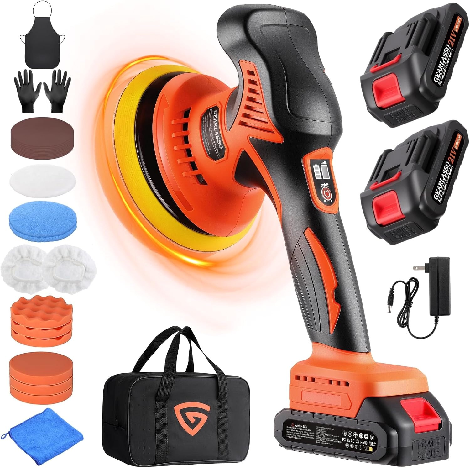 Car Buffer Polisher Cordless 8-Speed 2800-6000RPM 2x21V 17Pc (Orange & Black)