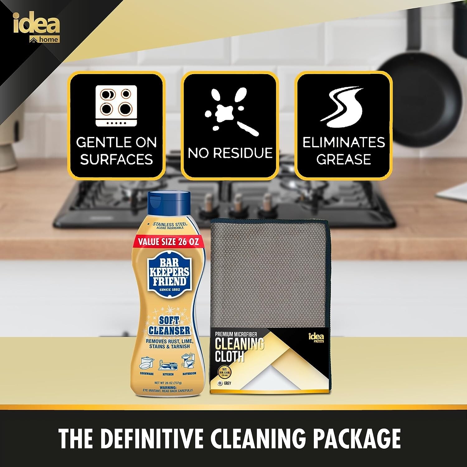 Bar Keepers Friend Soft Cleanser 26oz + Premium Microfiber Cleaning Cloth 16×24