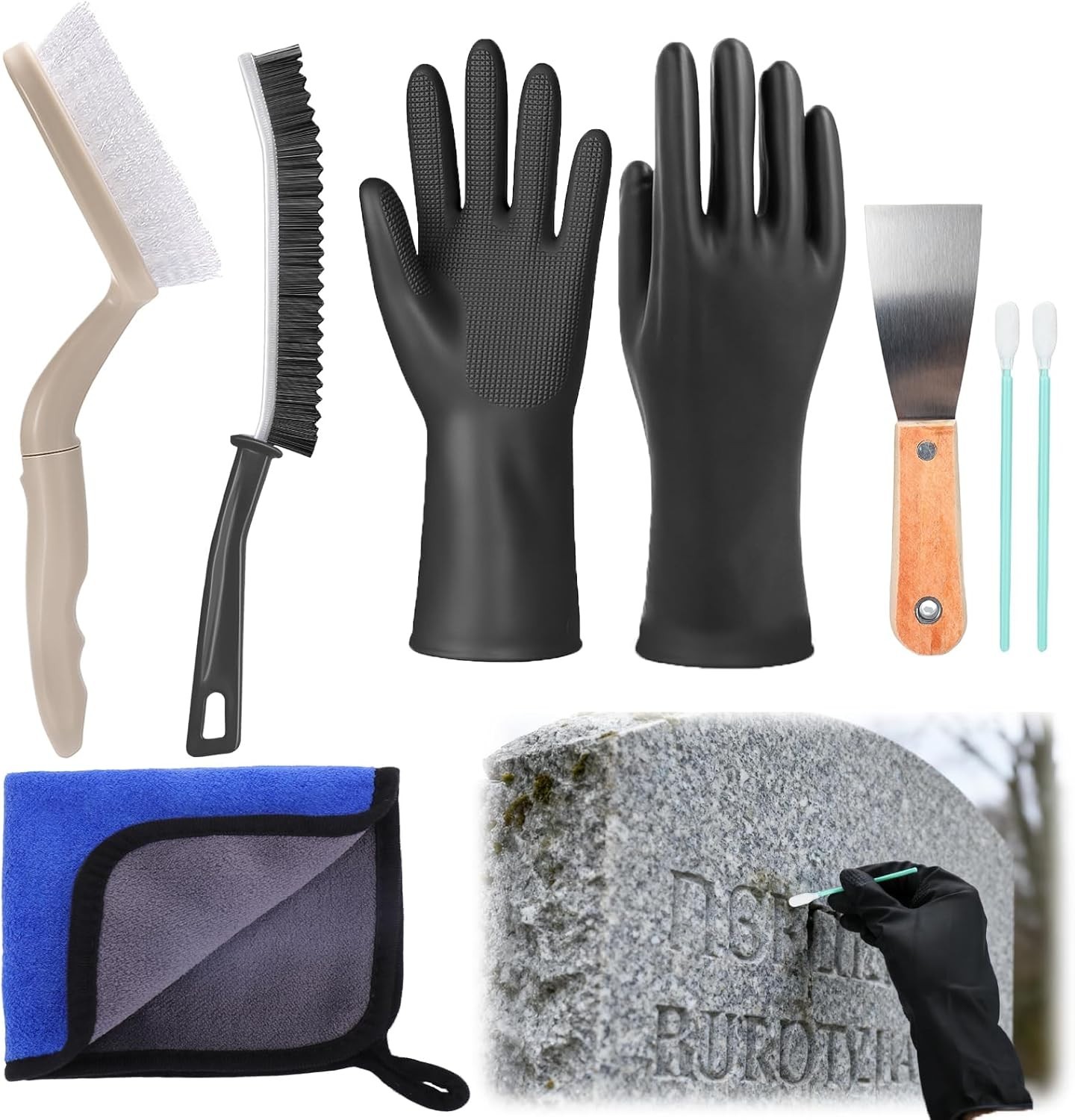 Complete Headstone Cleaning Tools: Reusable Gloves, Brushes & Towel for Care