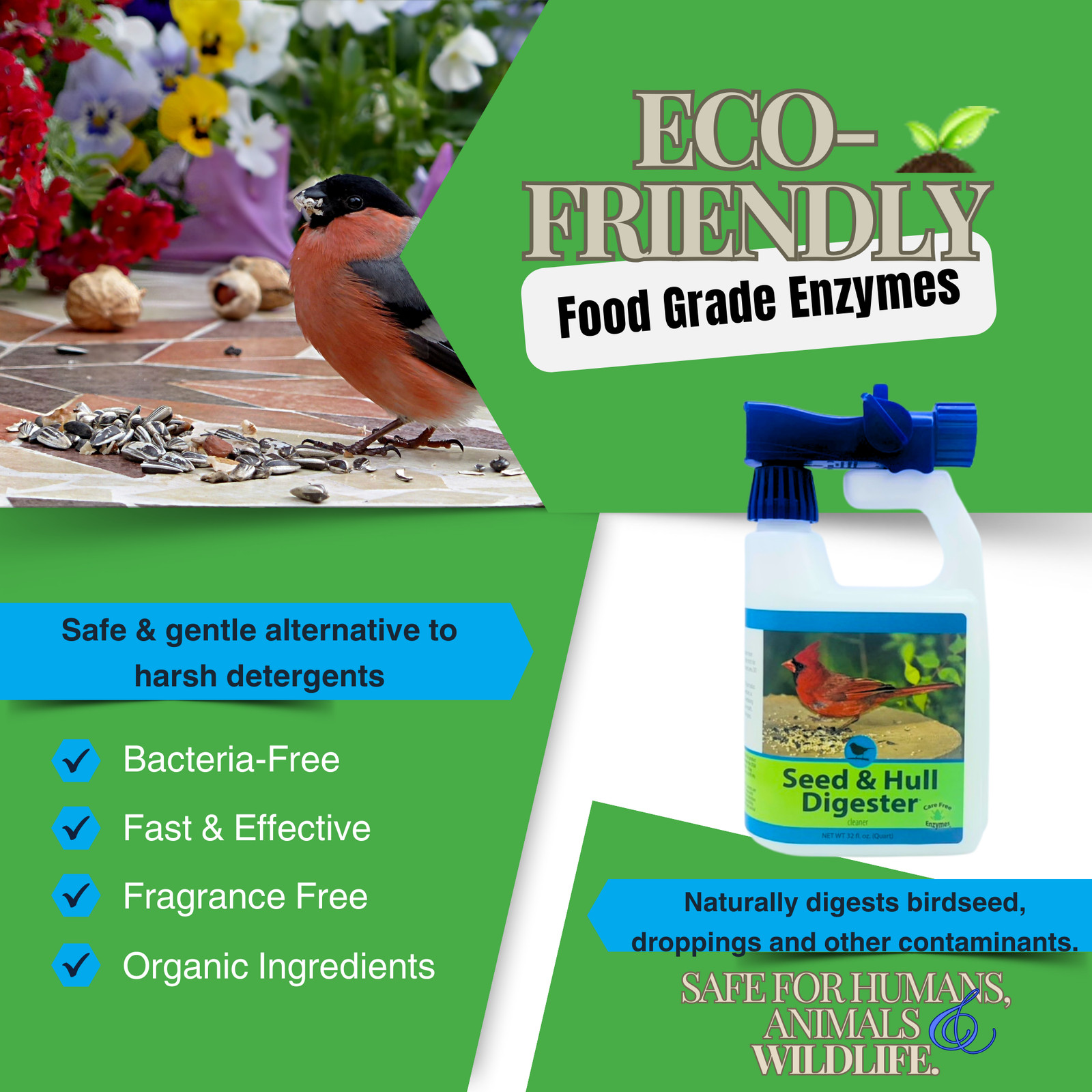 Bird Seed Hull & Waste Digester | Natural Cleaner for Under Feeders | 32 oz & 33