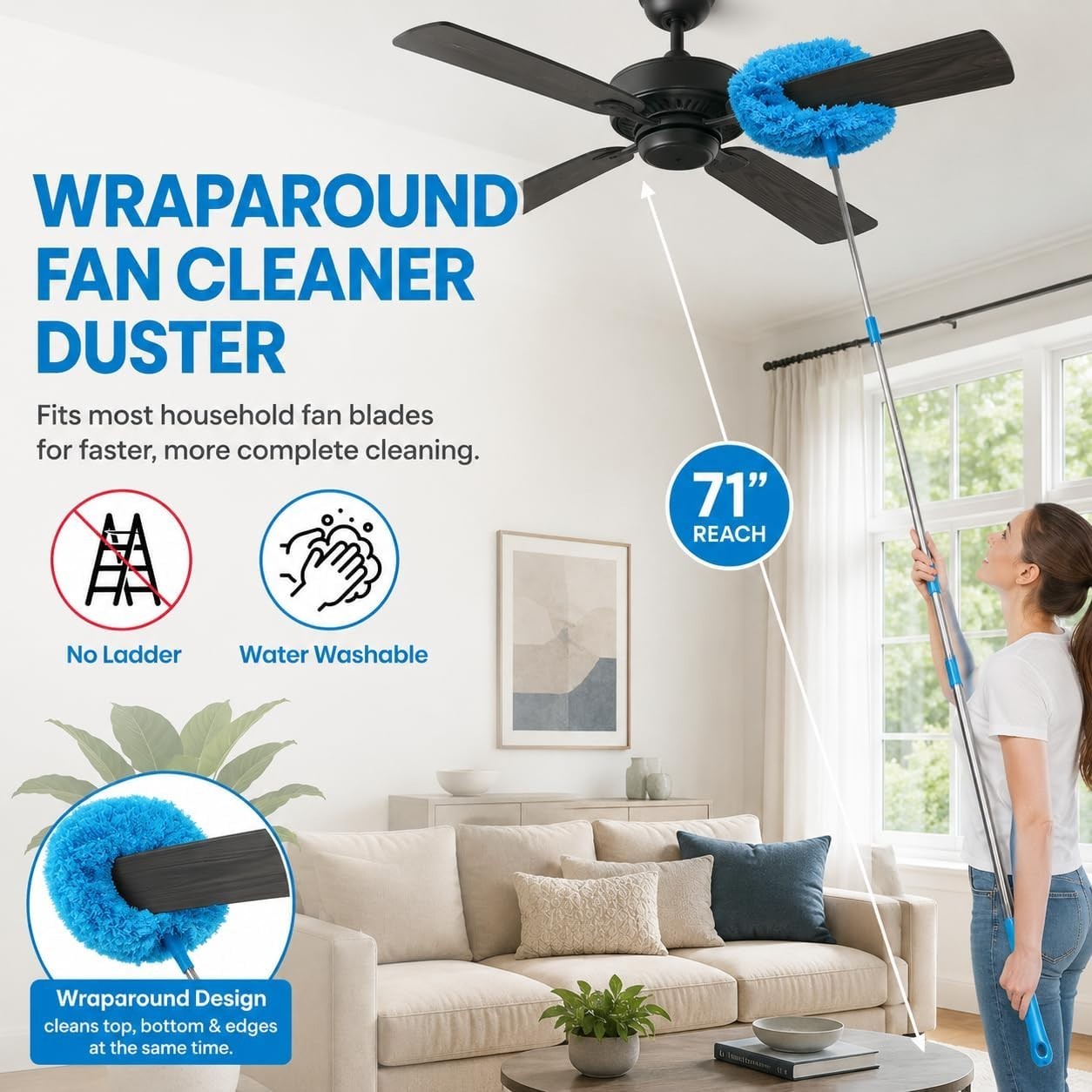72 Inch Ceiling Fan Cleaner Duster Kit 8in1 Microfiber Extension Pole Set