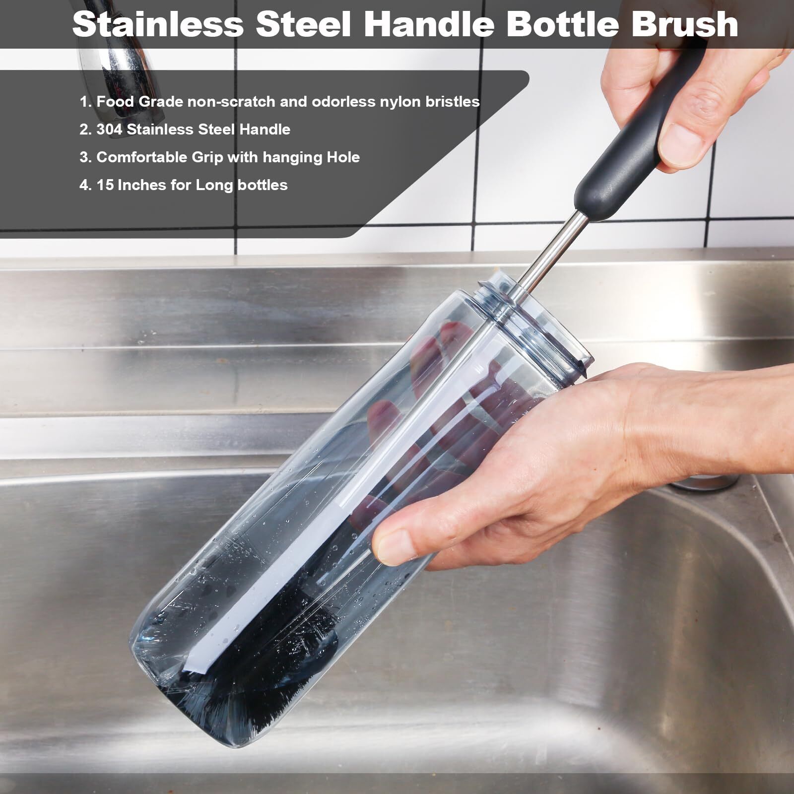 Water Bottle Brush 15 Inches Long Stainless Steel Handle Bottle Brush Cleaner Bo