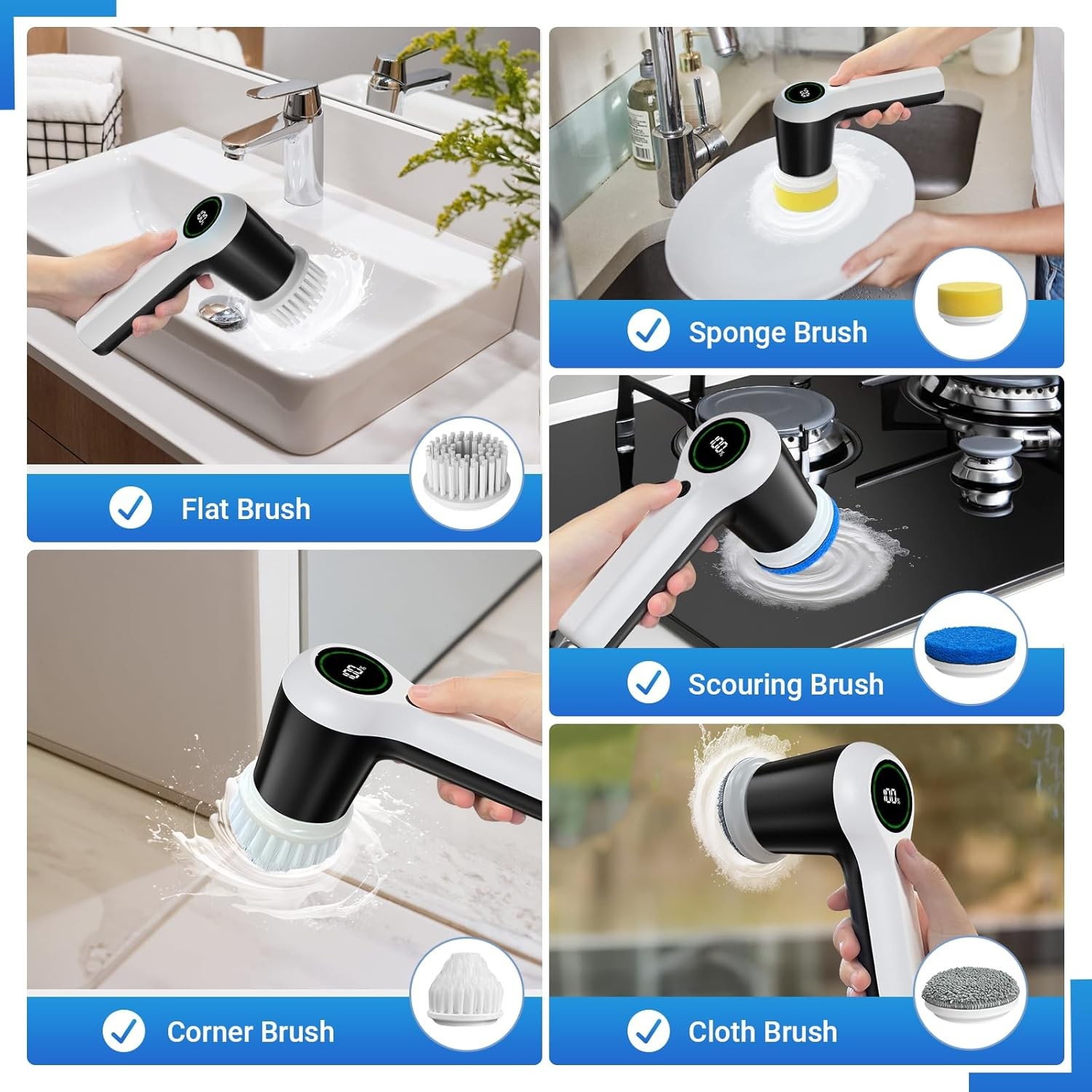 Electric Spin Scrubber, Cordless Shower Scrubber with Battery Level Display, 2 S
