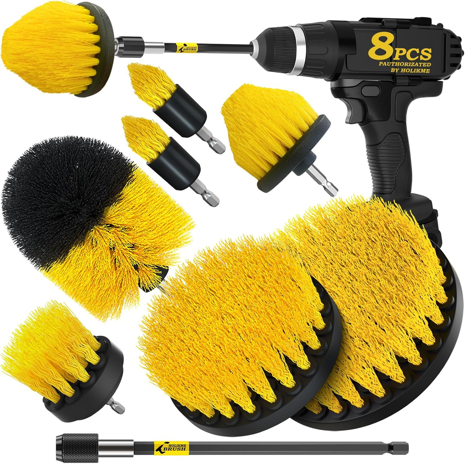 8 Piece Drill Brush Attachment Set Power Scrubber Extension Yellow[1][2][3]