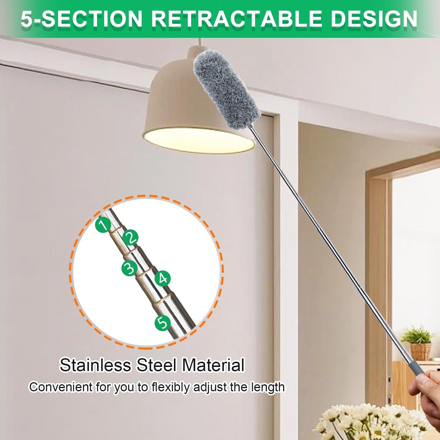 2 Pack Microfiber Feather Duster for Cleaning with Extendable Pole,Hand Washable