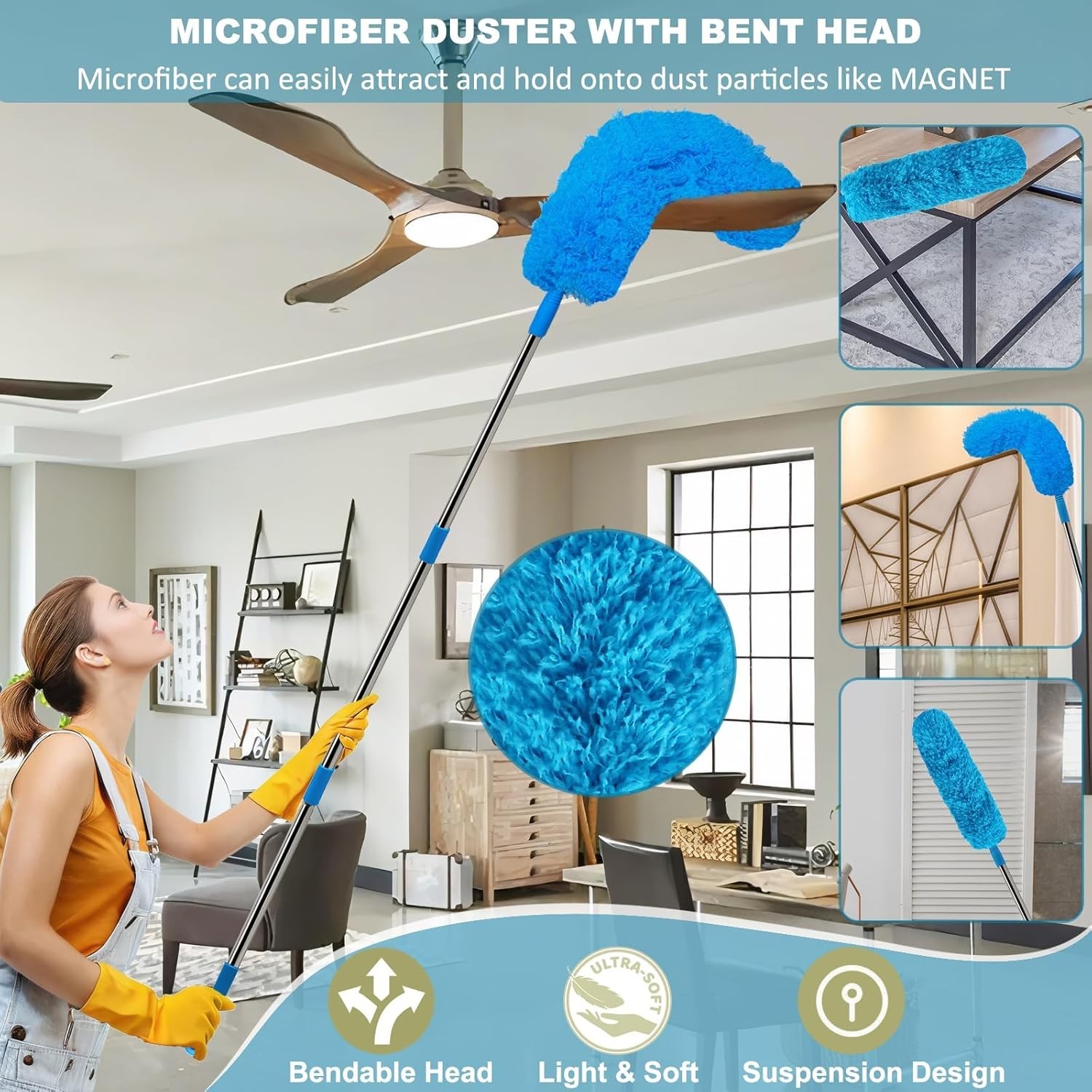 20+ Ft High Reach Ceiling Fan Duster & Cobweb & Corner Brush Duster with 3-13 ft
