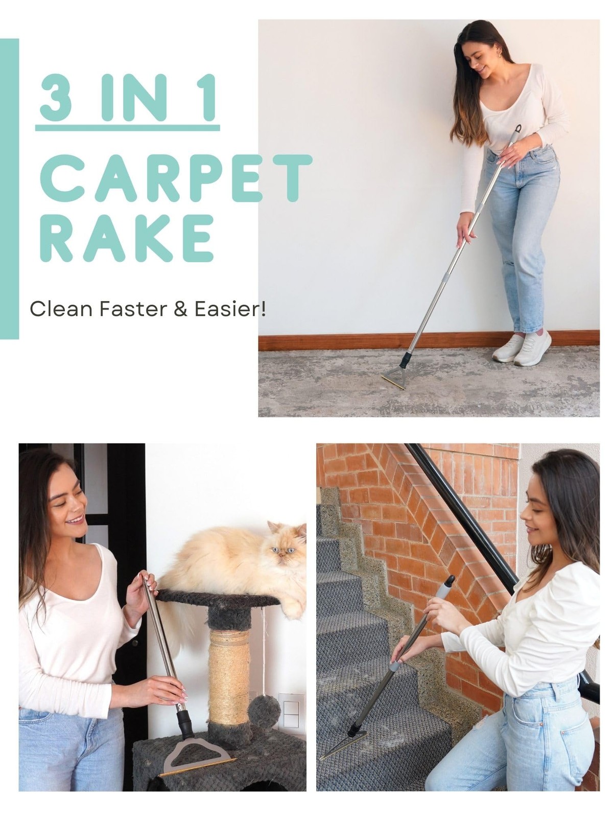Pet Hair Remover for Carpets, Adjustable Long Handle Carpet Rake for Dog Cat …