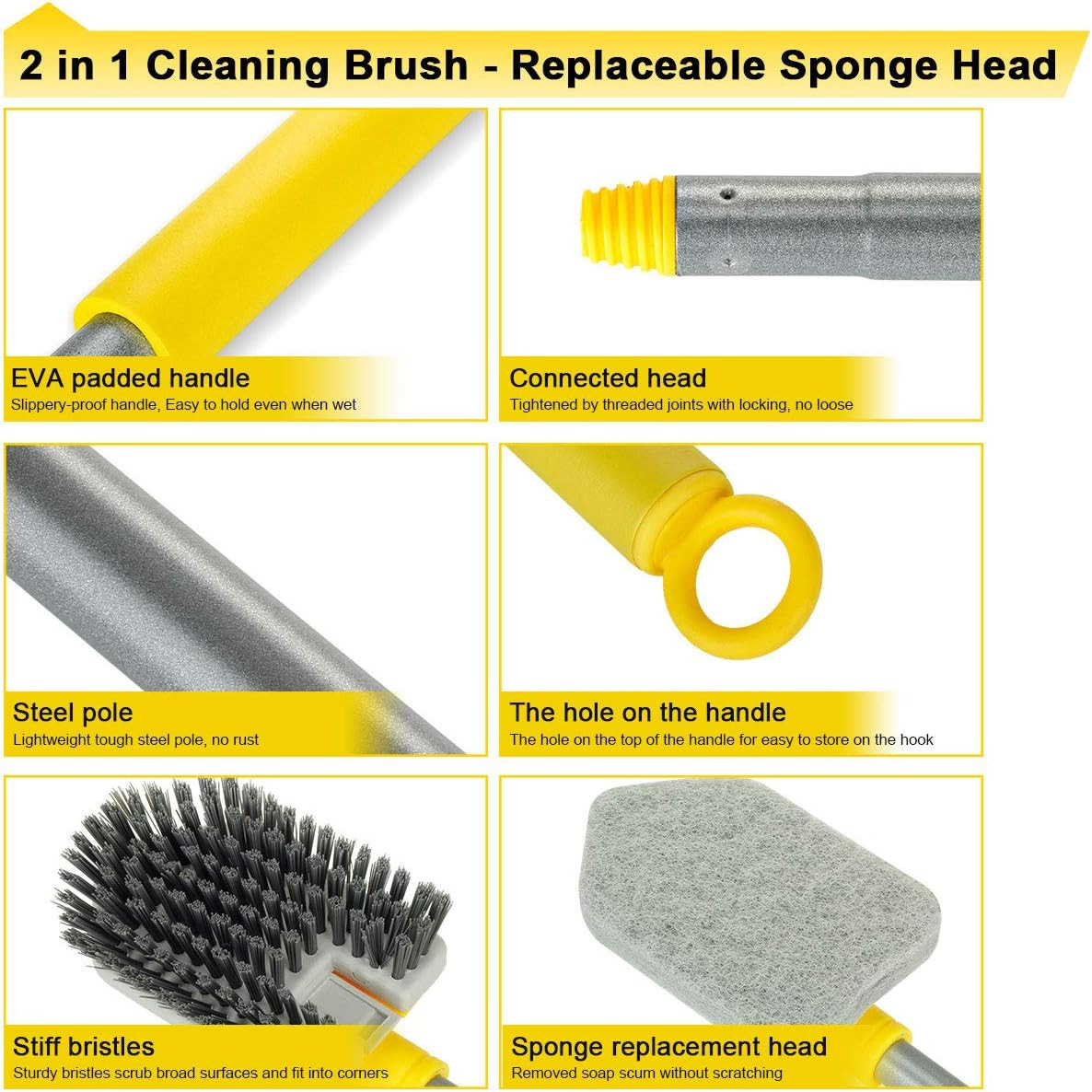 Shower Cleaning Brush with Locking Head, 3 in 1 Tub Tile Scrubber Brush with 50′