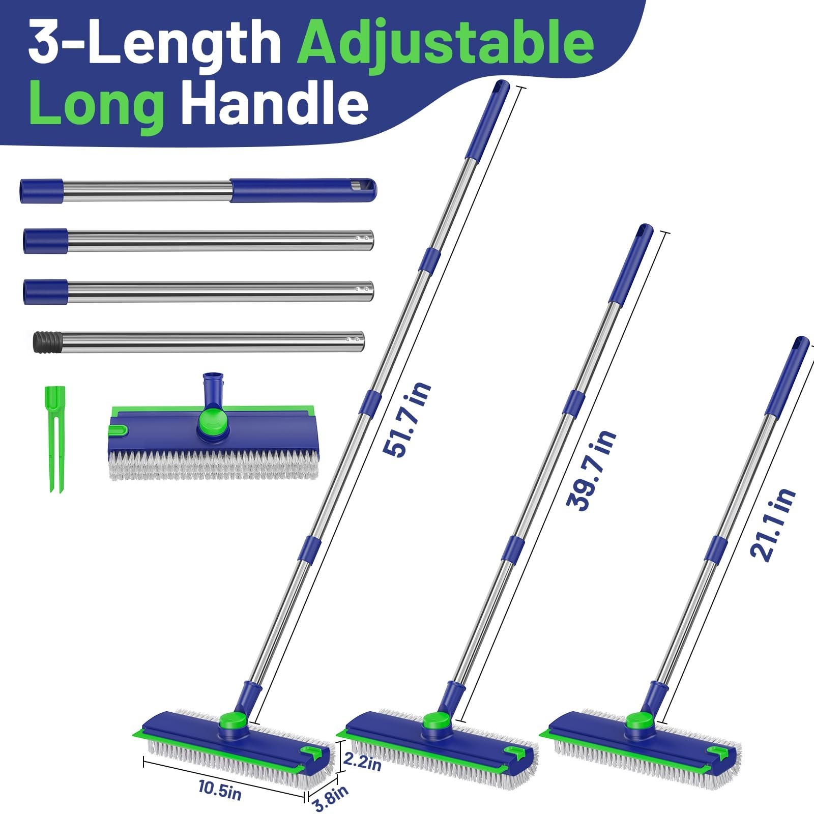 Heavy-Duty 3-in-1 Floor Scrub Brush with Long Handle & Squeegee for Tile, Bathro