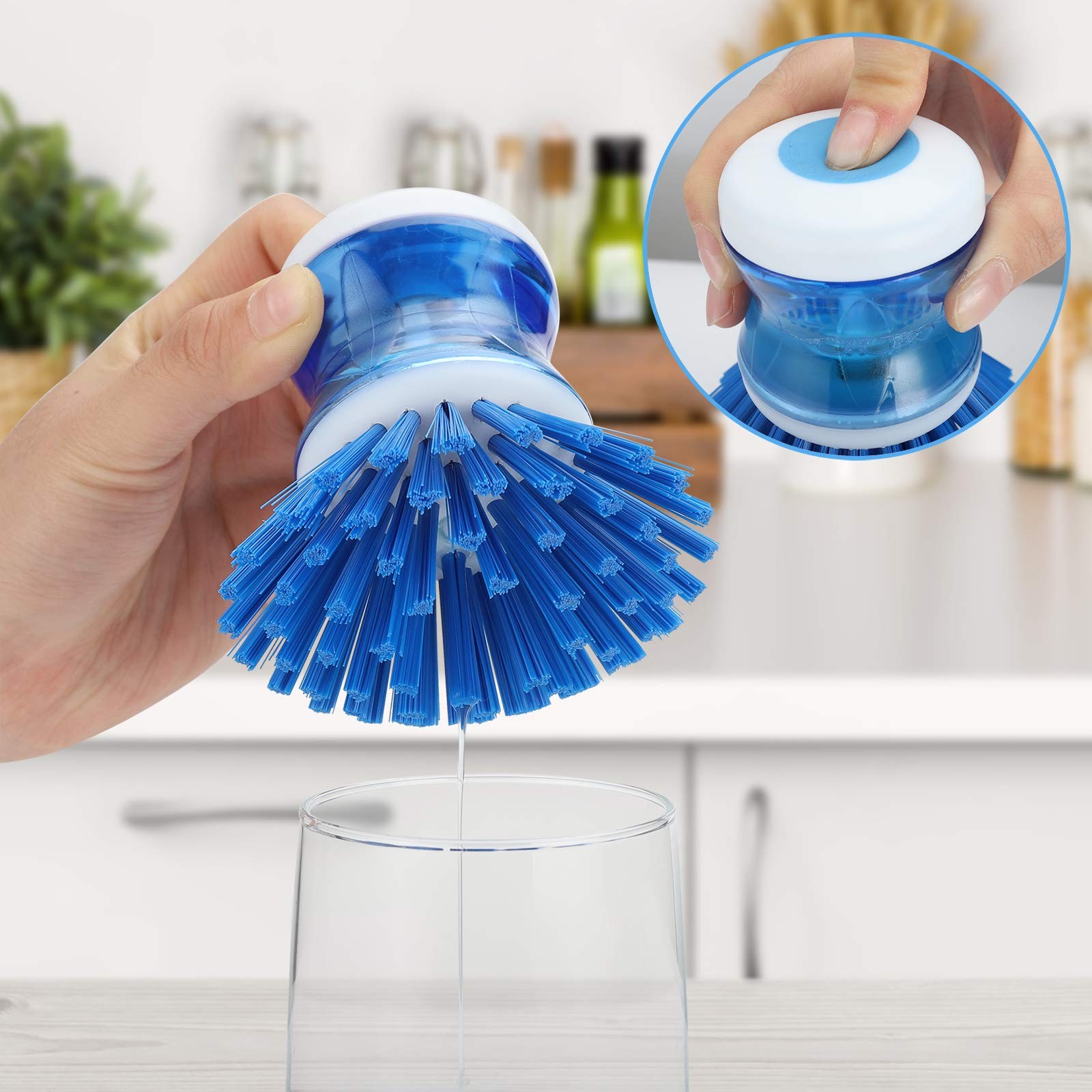 Dish Brush with Soap Dispenser for Dishes Pot Pan Kitchen Sink Scrubbing, Blue 2