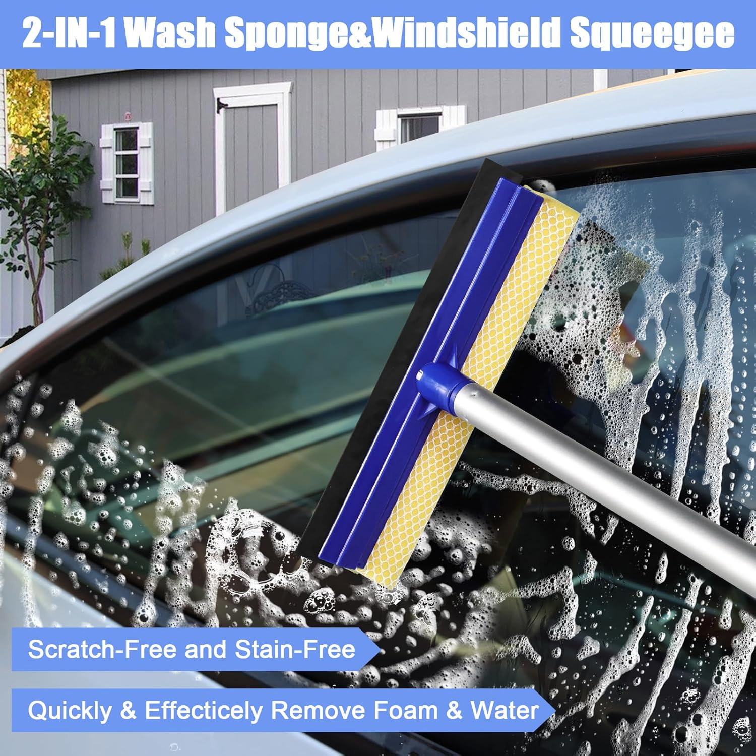 62″ Microfiber Car Wash Brush with Long Handle, Car Washing Blue Set Mitt, Spong