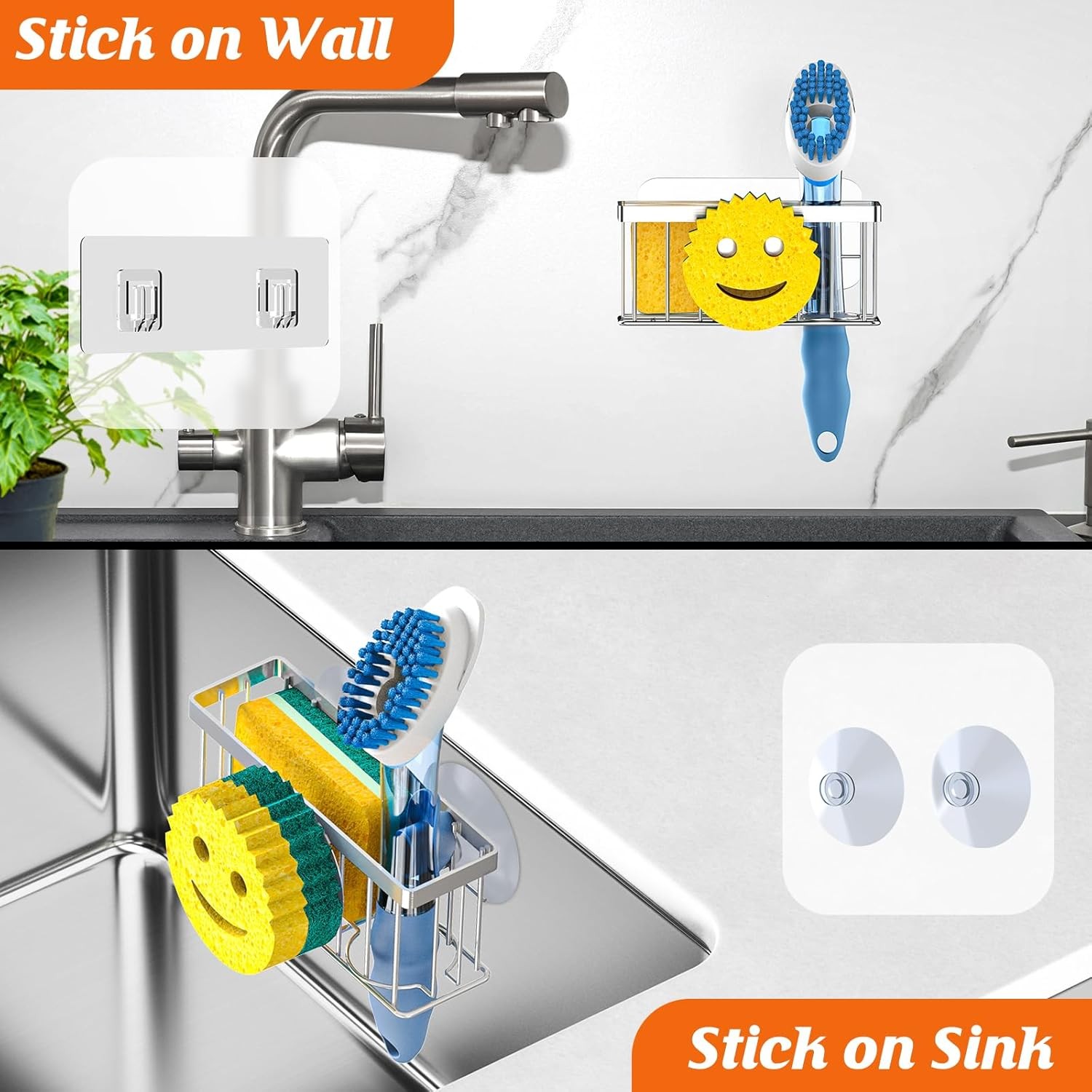 Sponge Holder Smiley Face,Sink Caddy for Kitchen Sink,Sponge Holder with 2 PCS