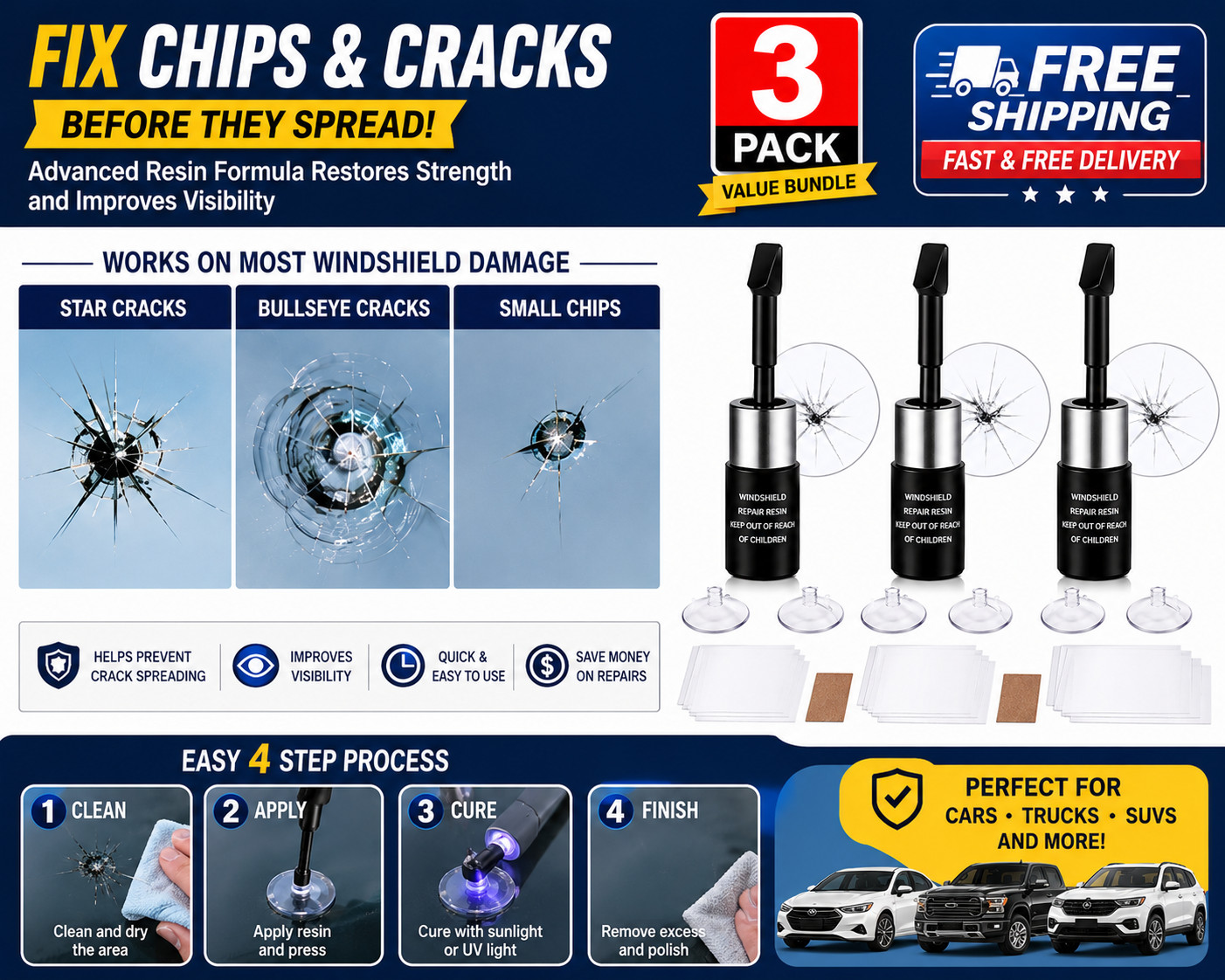 3 Pack Windshield Repair Kit Car Glass Crack Chip Fix Resin Tool Set