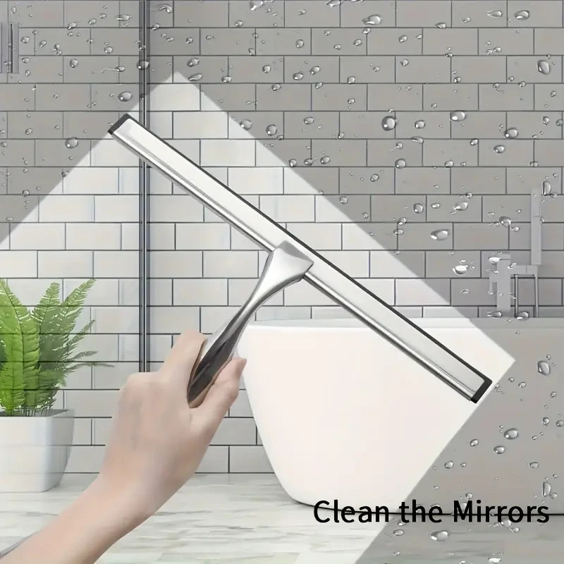 Stainless Steel Shower Squeegee for Glass Doors & Mirrors with 2 Adhesive Hooks