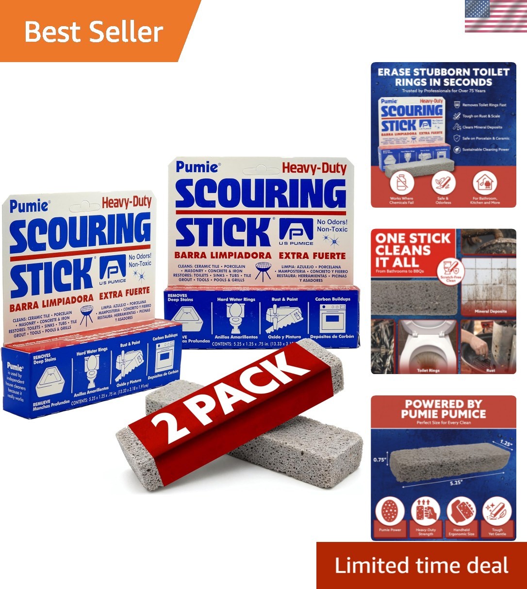 Pumice Stone Toilet Bowl Ring Remover Heavy Duty 2 Pack Ceramic Tile Cleaner