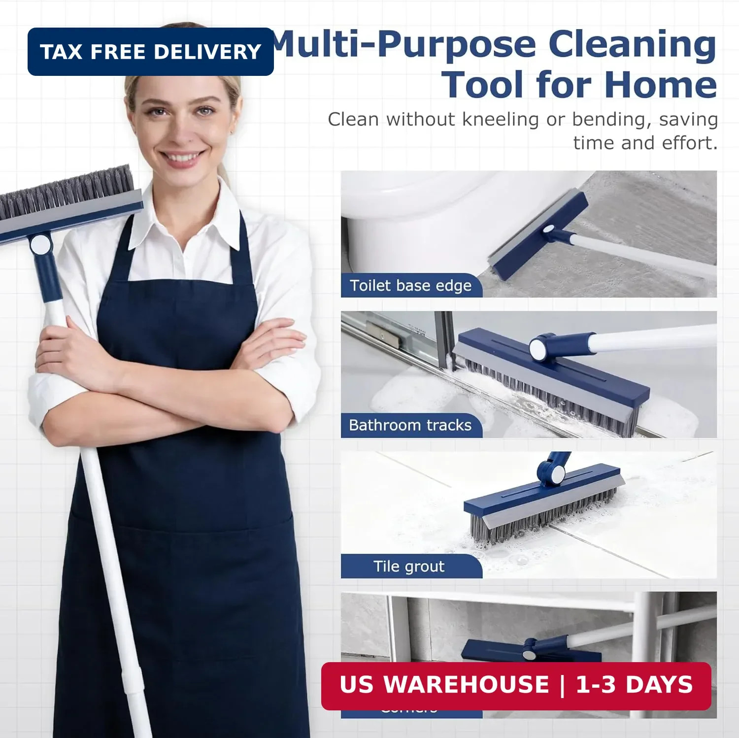 Long Handle Floor Cleaning Brush, 2-in-1 Hard Bristle Grout Scrubber
