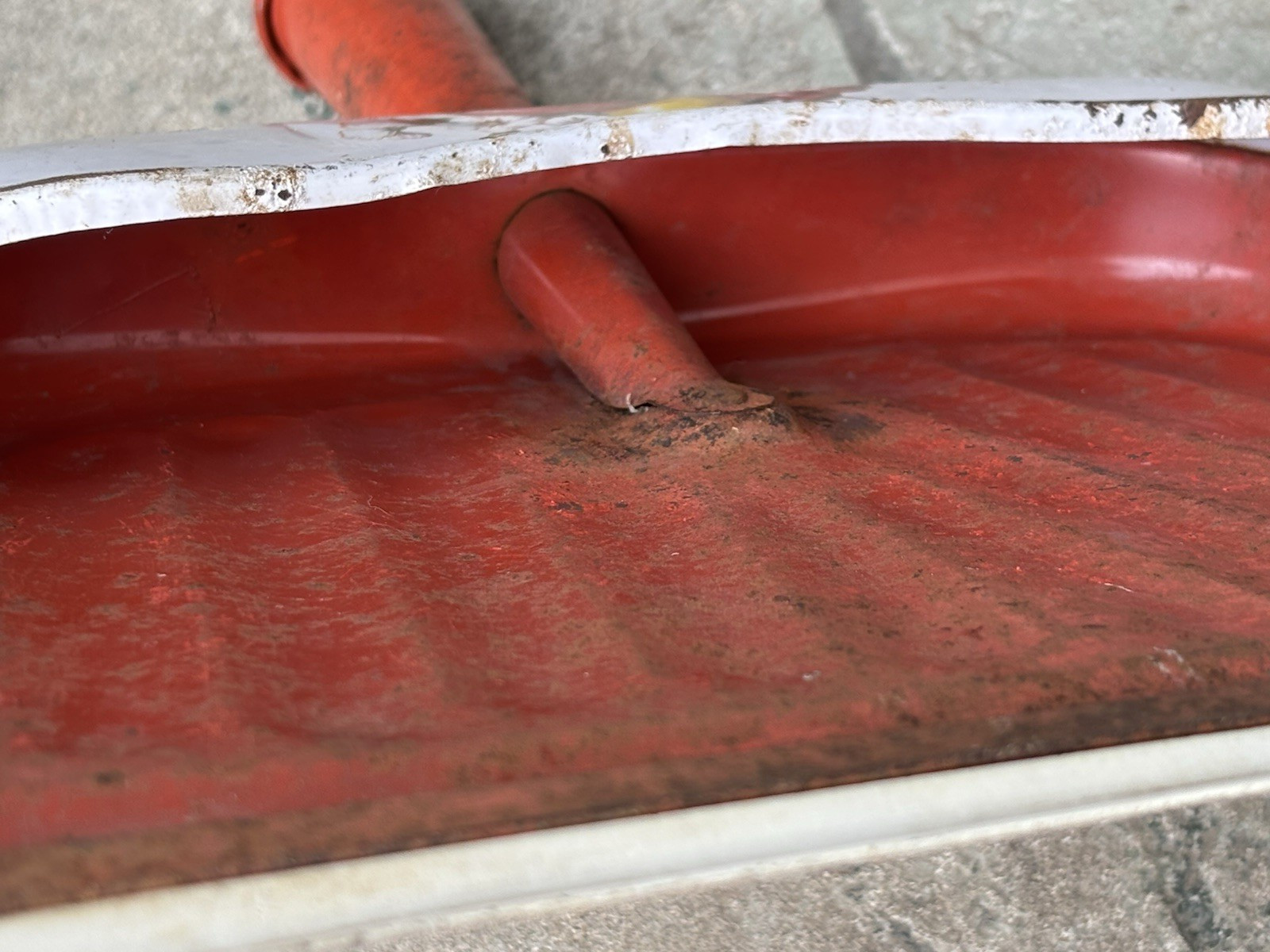 Vtg Red Metal Dustpan Floral w/ Fruit – Apple, Pear, Cherries – Very Worn, Rusty