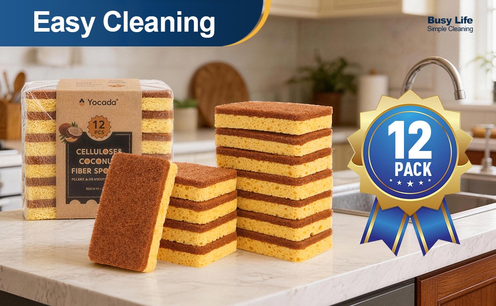 Cellulose Sponge 12 Pack Biodegradable Natural Kitchen Sponge Dual-Action