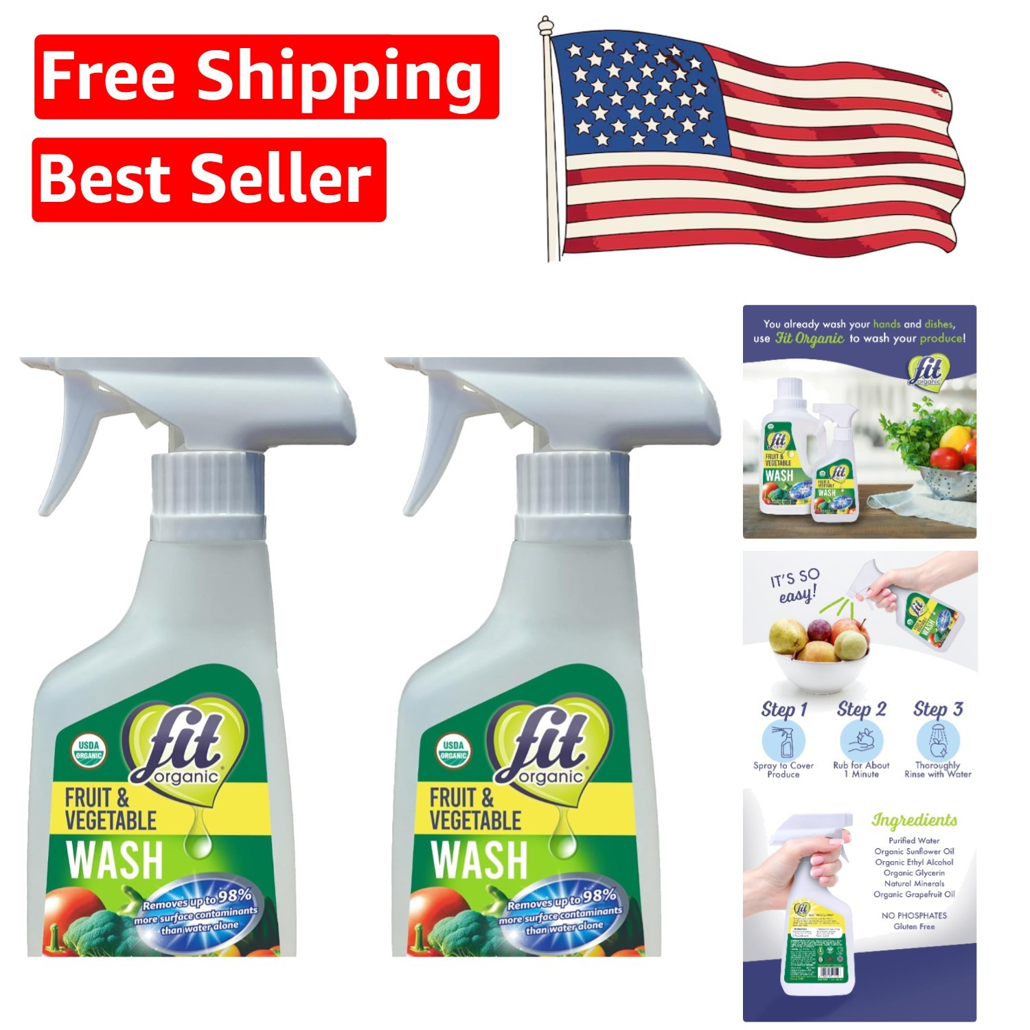 Natural & Chemical-Free Fruit and Vegetable Wash – Family Safe – 2-Pack 12 Fl Oz