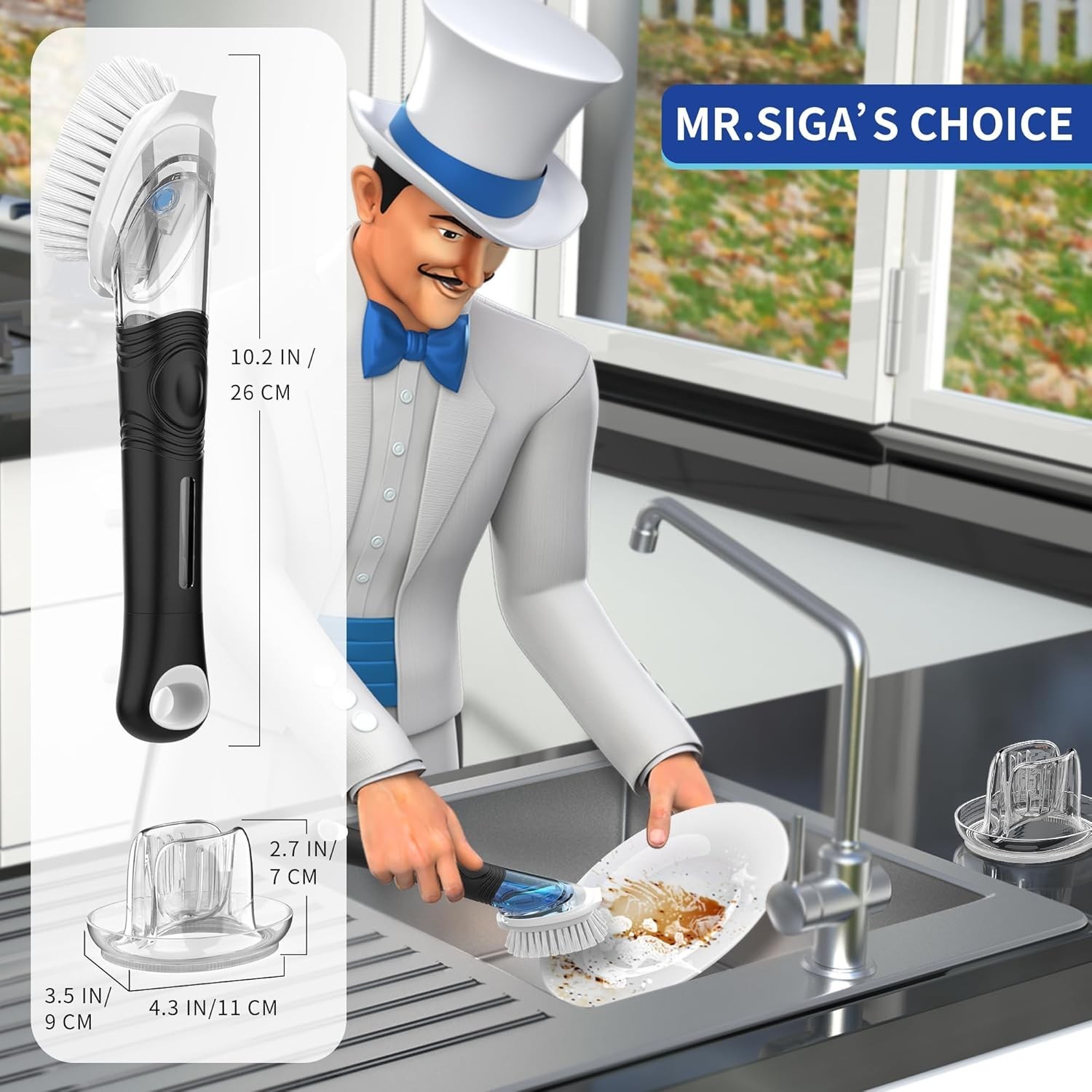 Soap Dispensing Dish Brush with Built-In Scraper & Non-Slip Holder – Easy Clean