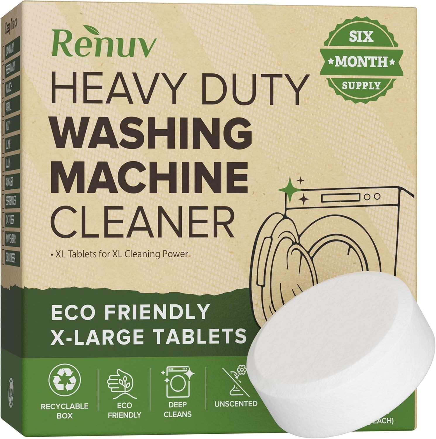 Heavy Duty Unscented Washing Machine Cleaner Tablets – 6 XL Tablets for 6